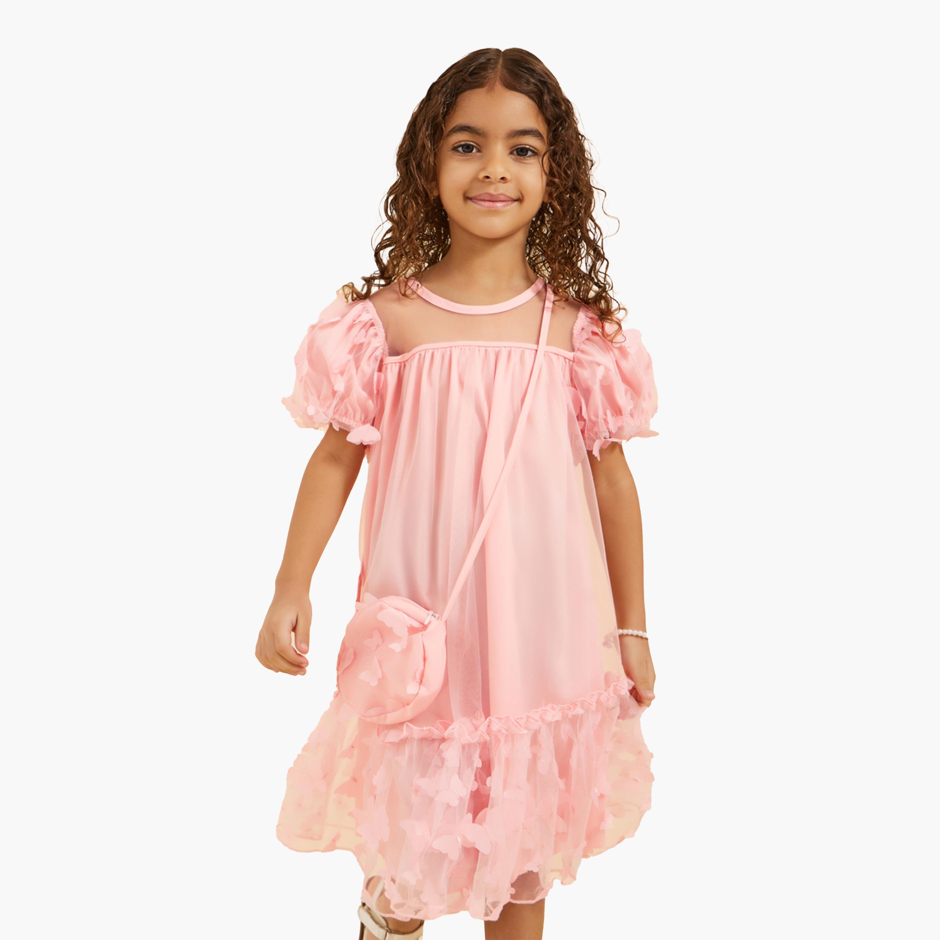 ستايلي-  فستان شبكي مكشوف الكتفين مزين بالفراشات مع حقيبة-girls-clothing-dressesandjumpsuits-image-1