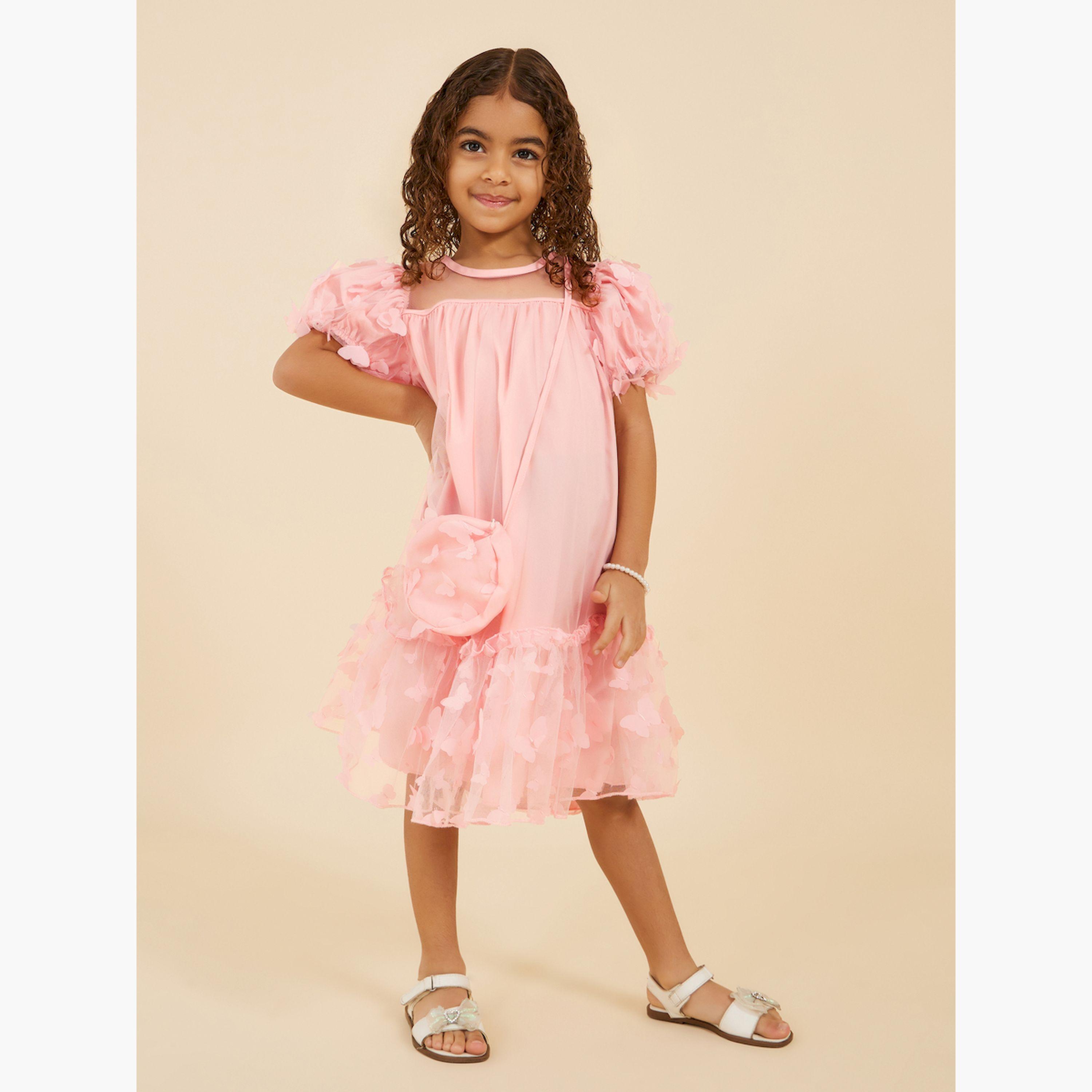ستايلي-  فستان شبكي مكشوف الكتفين مزين بالفراشات مع حقيبة-girls-clothing-dressesandjumpsuits-image-2