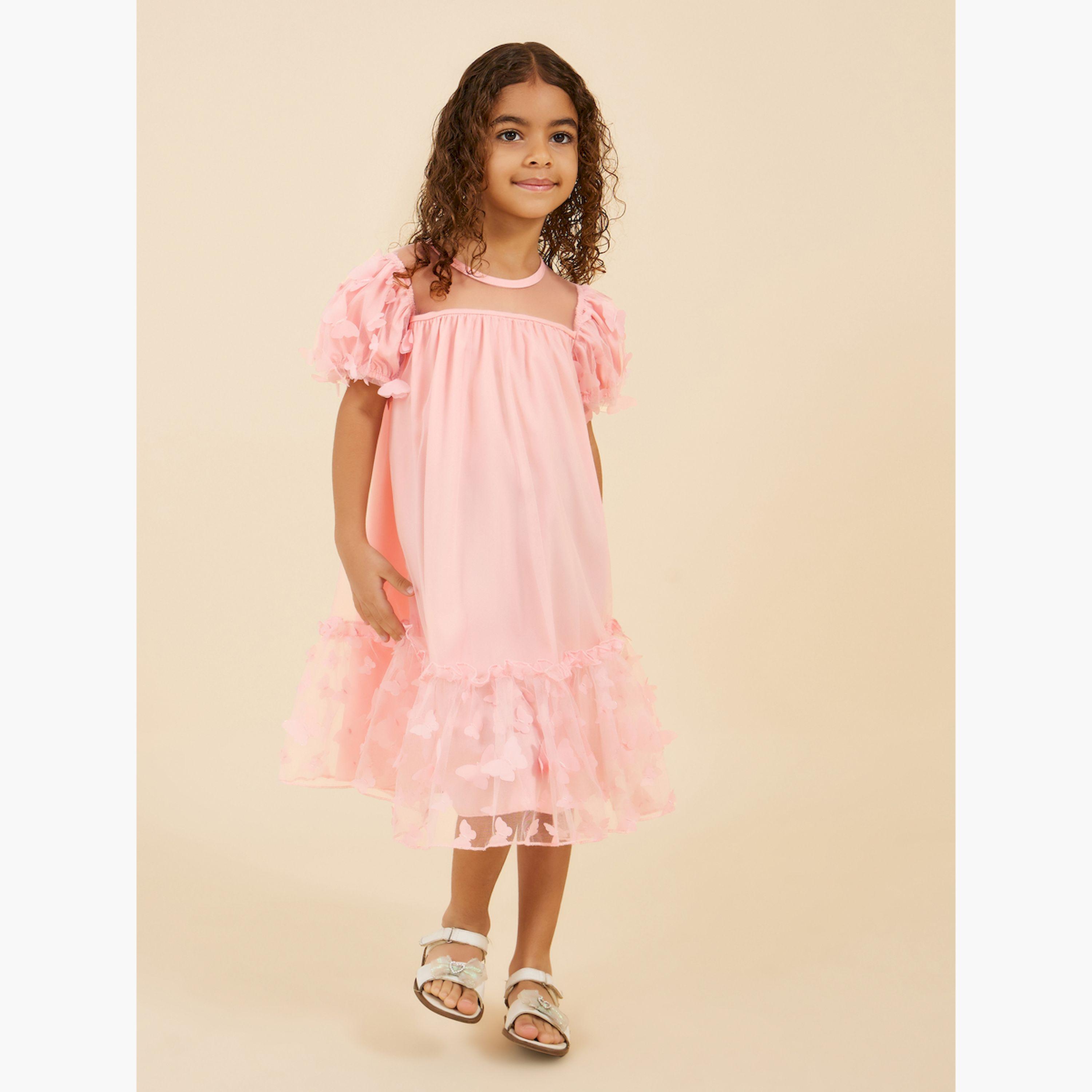 ستايلي-  فستان شبكي مكشوف الكتفين مزين بالفراشات مع حقيبة-girls-clothing-dressesandjumpsuits-image-3