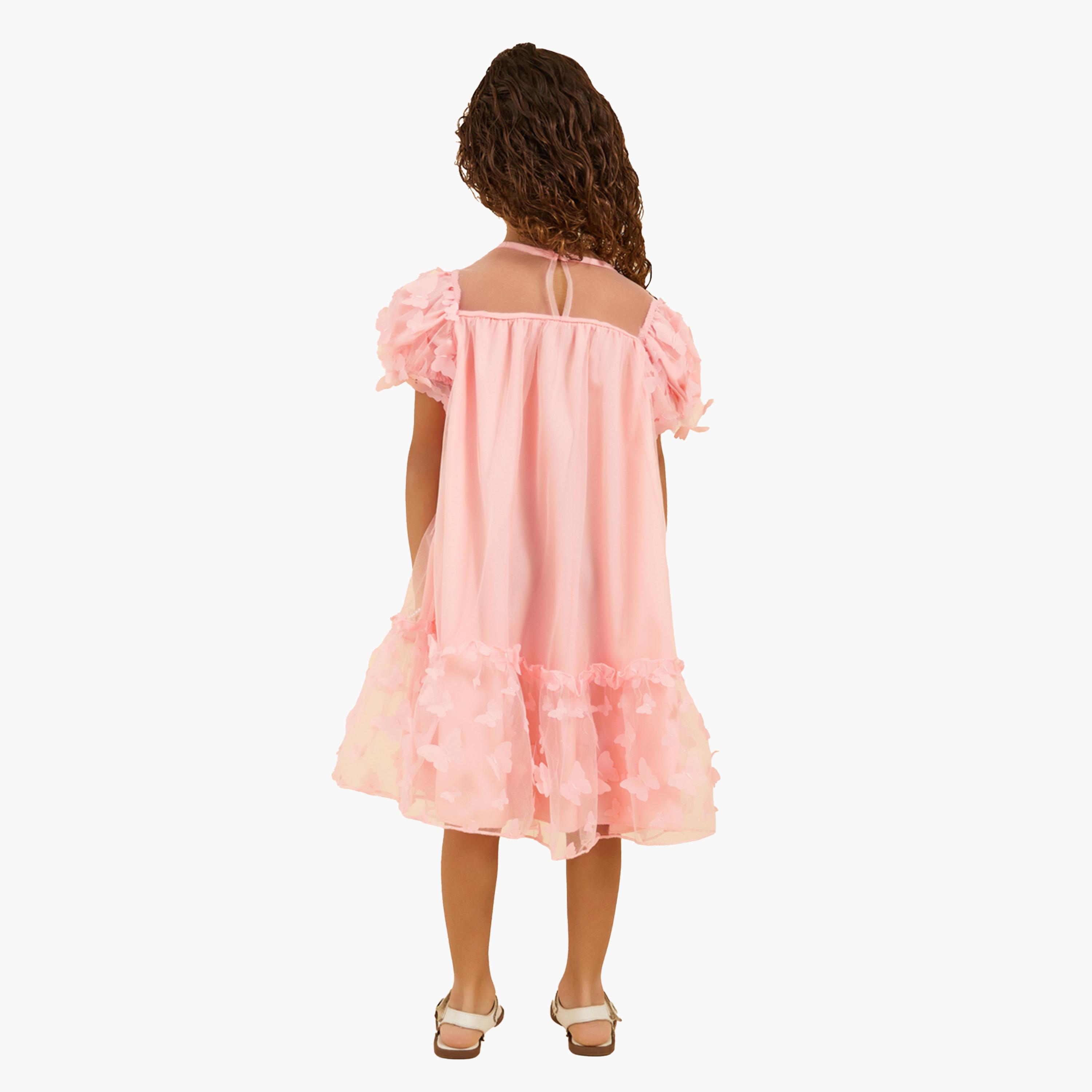 ستايلي-  فستان شبكي مكشوف الكتفين مزين بالفراشات مع حقيبة-girls-clothing-dressesandjumpsuits-image-5