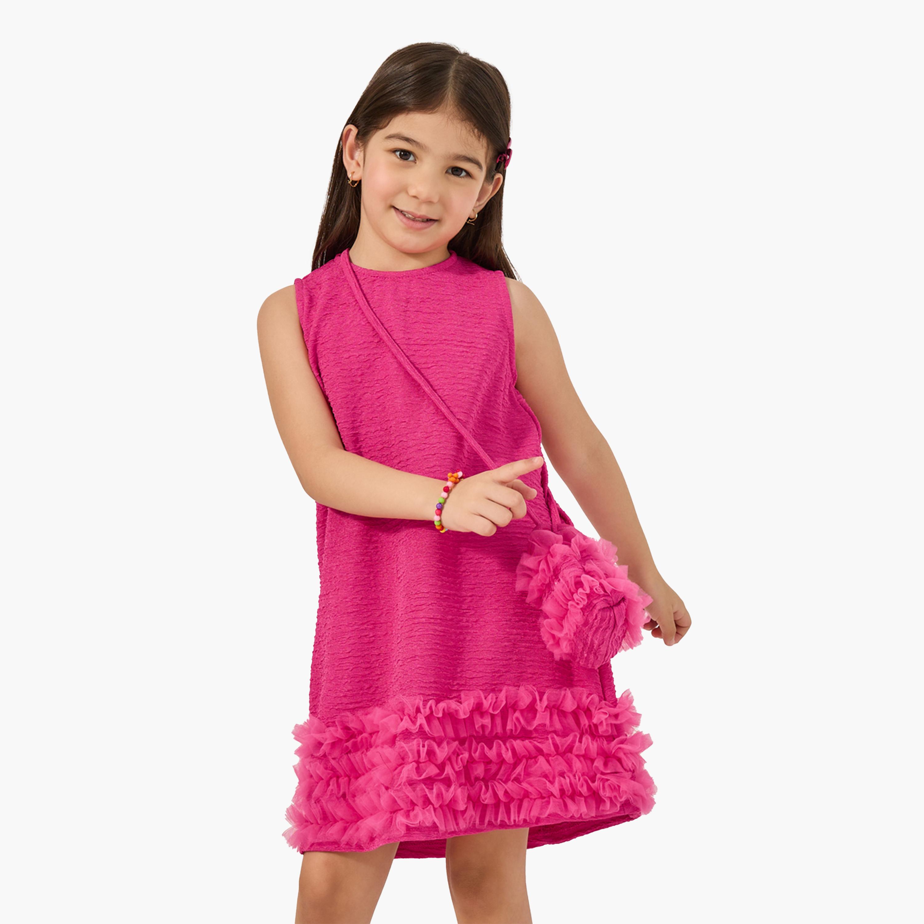 Styli Textured Sleeveless Mesh Hem Dress with Bag-girls-clothing-dressesandjumpsuits-image-1