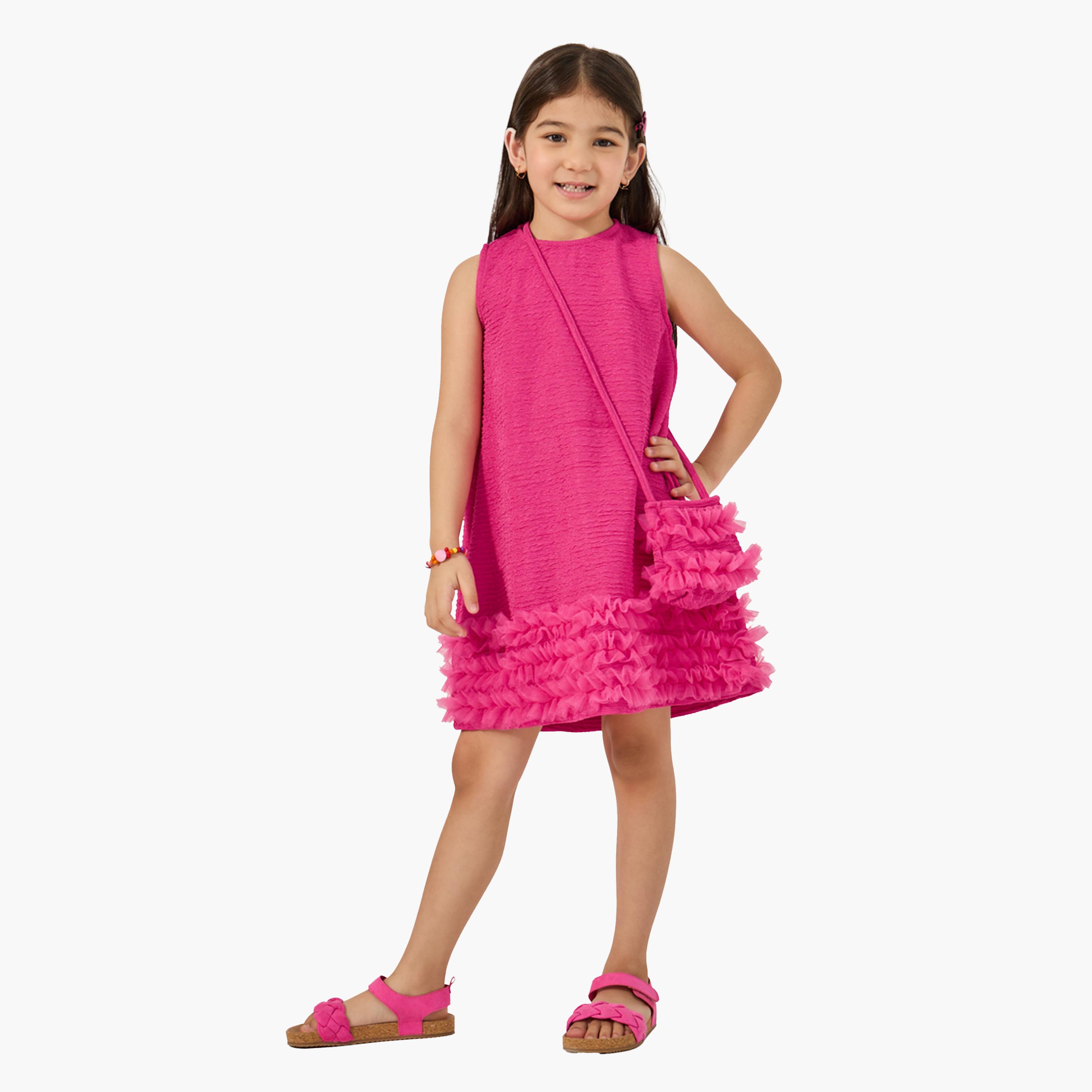 Styli Textured Sleeveless Mesh Hem Dress with Bag-girls-clothing-dressesandjumpsuits-image-2