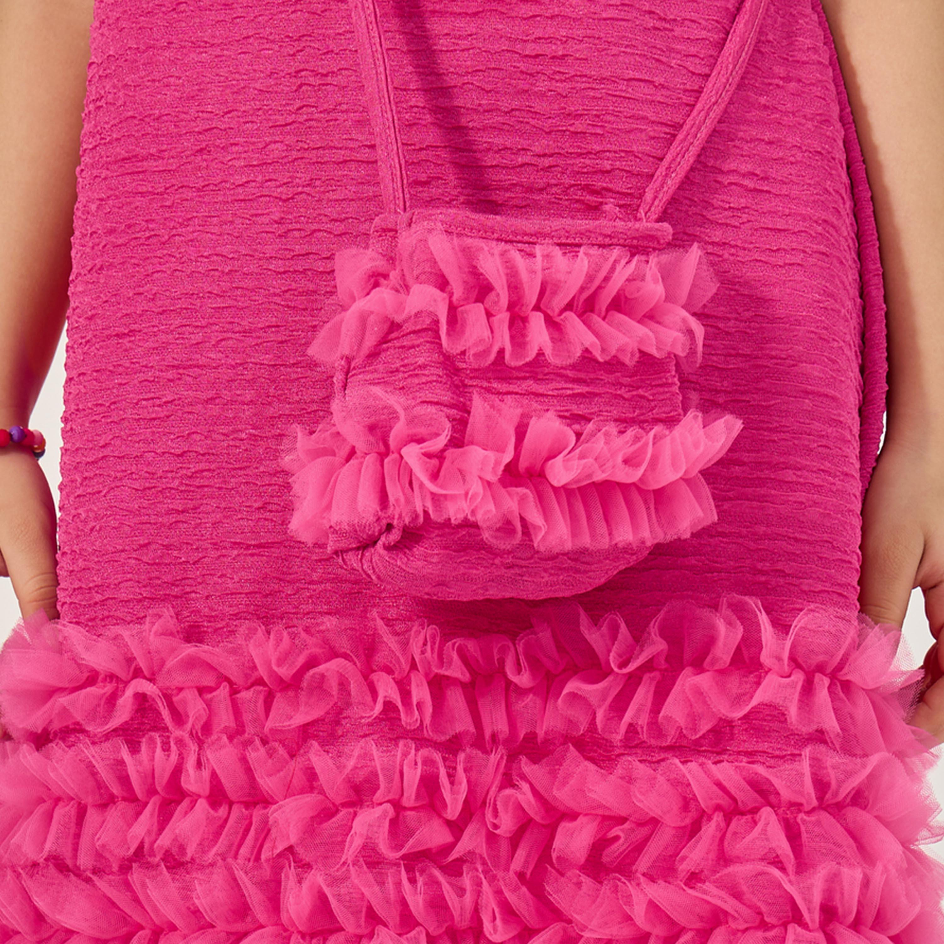 Styli Textured Sleeveless Mesh Hem Dress with Bag-girls-clothing-dressesandjumpsuits-image-3