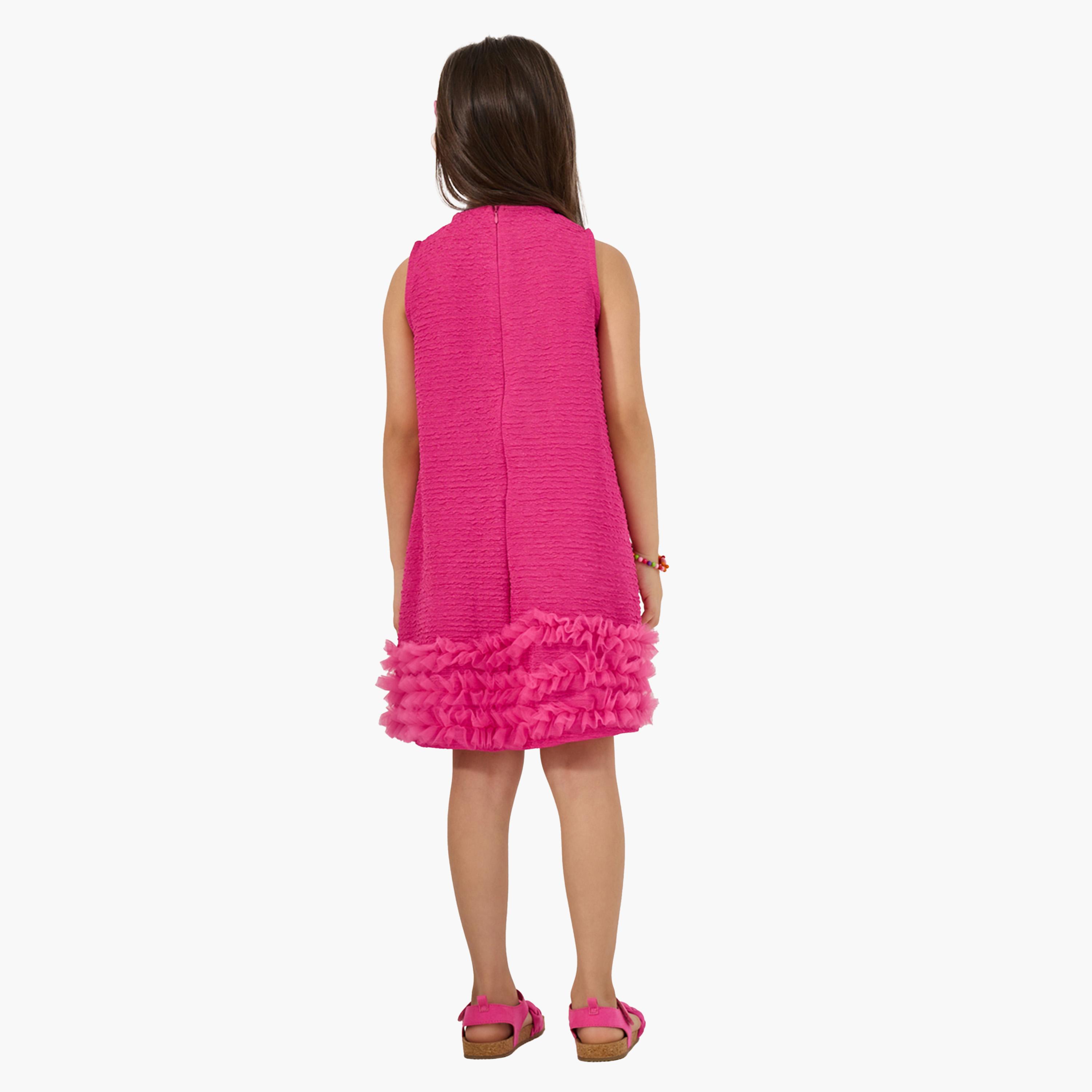 Styli Textured Sleeveless Mesh Hem Dress with Bag-girls-clothing-dressesandjumpsuits-image-5