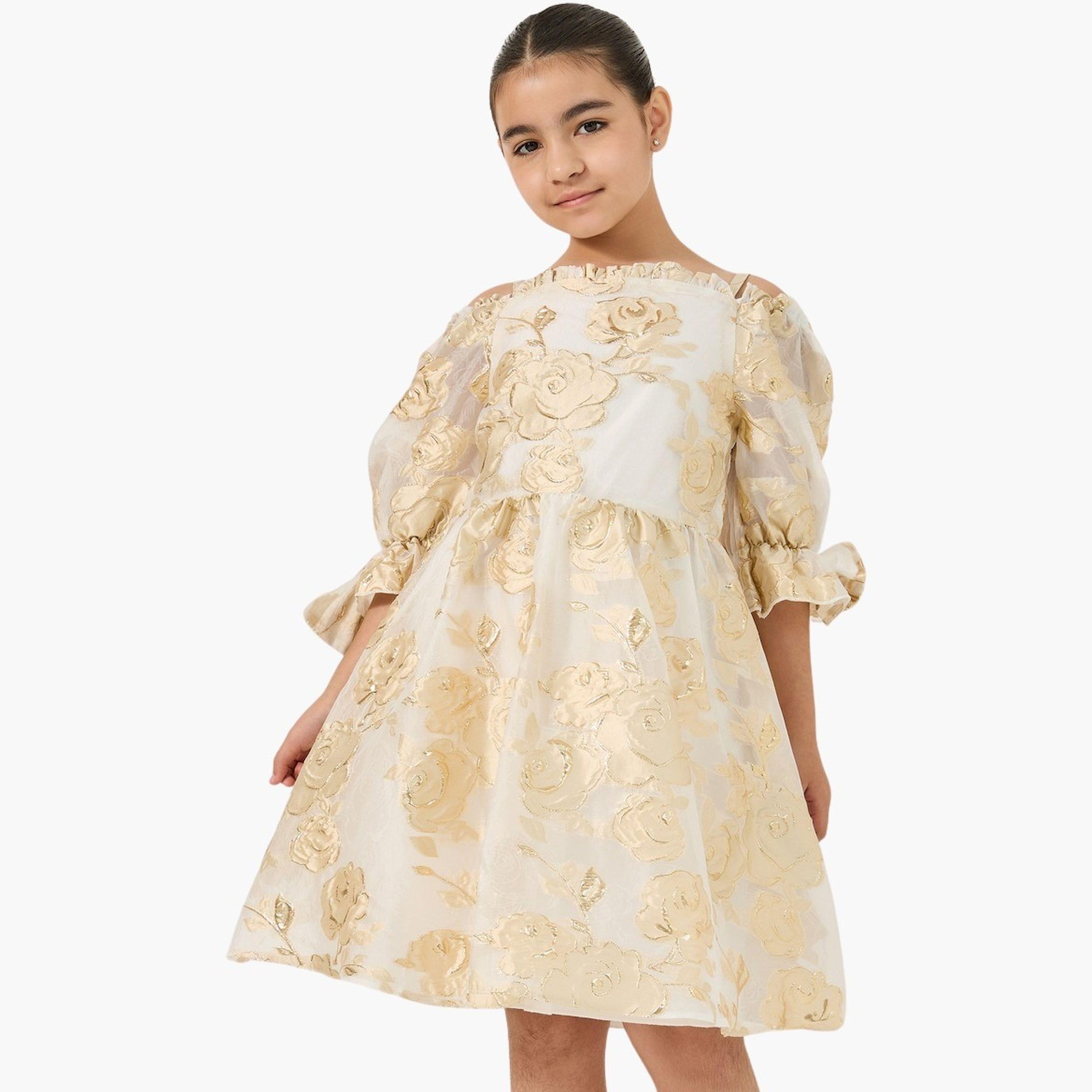 Styli Jacquard Off Shoulder Ruffled Detail Dress-girls-clothing-dressesandjumpsuits-image-1