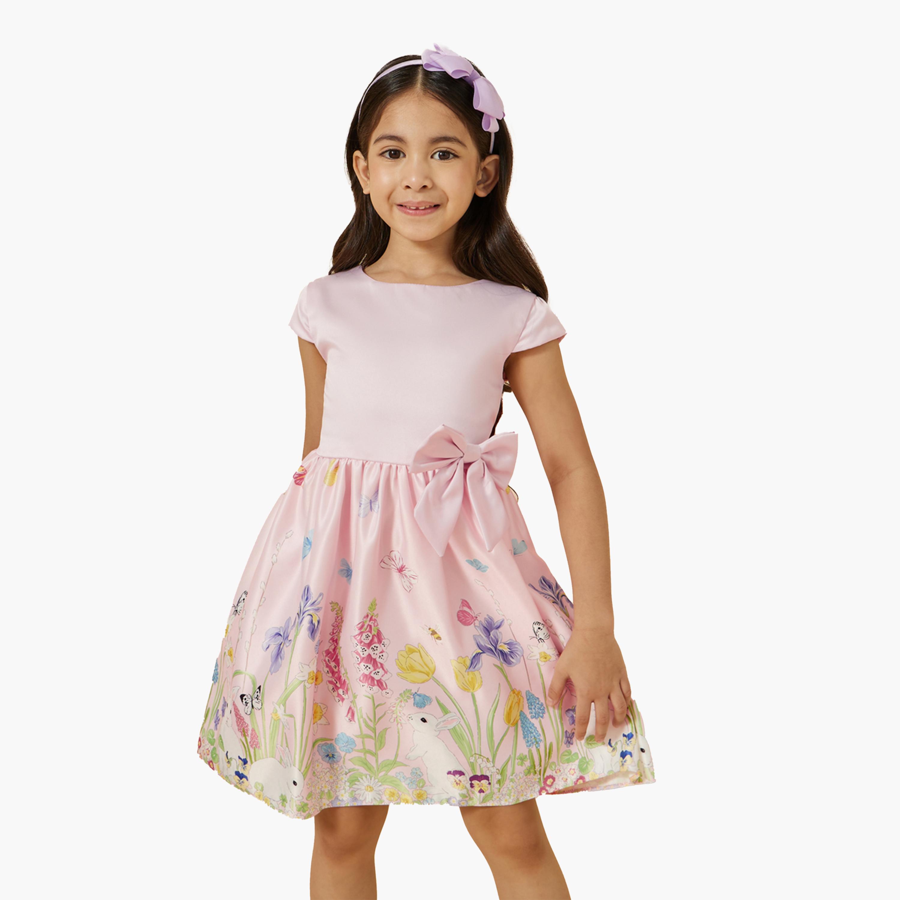 Styli Floral Print Short Sleeve Dress with Bow Detail-girls-clothing-dressesandjumpsuits-image-1