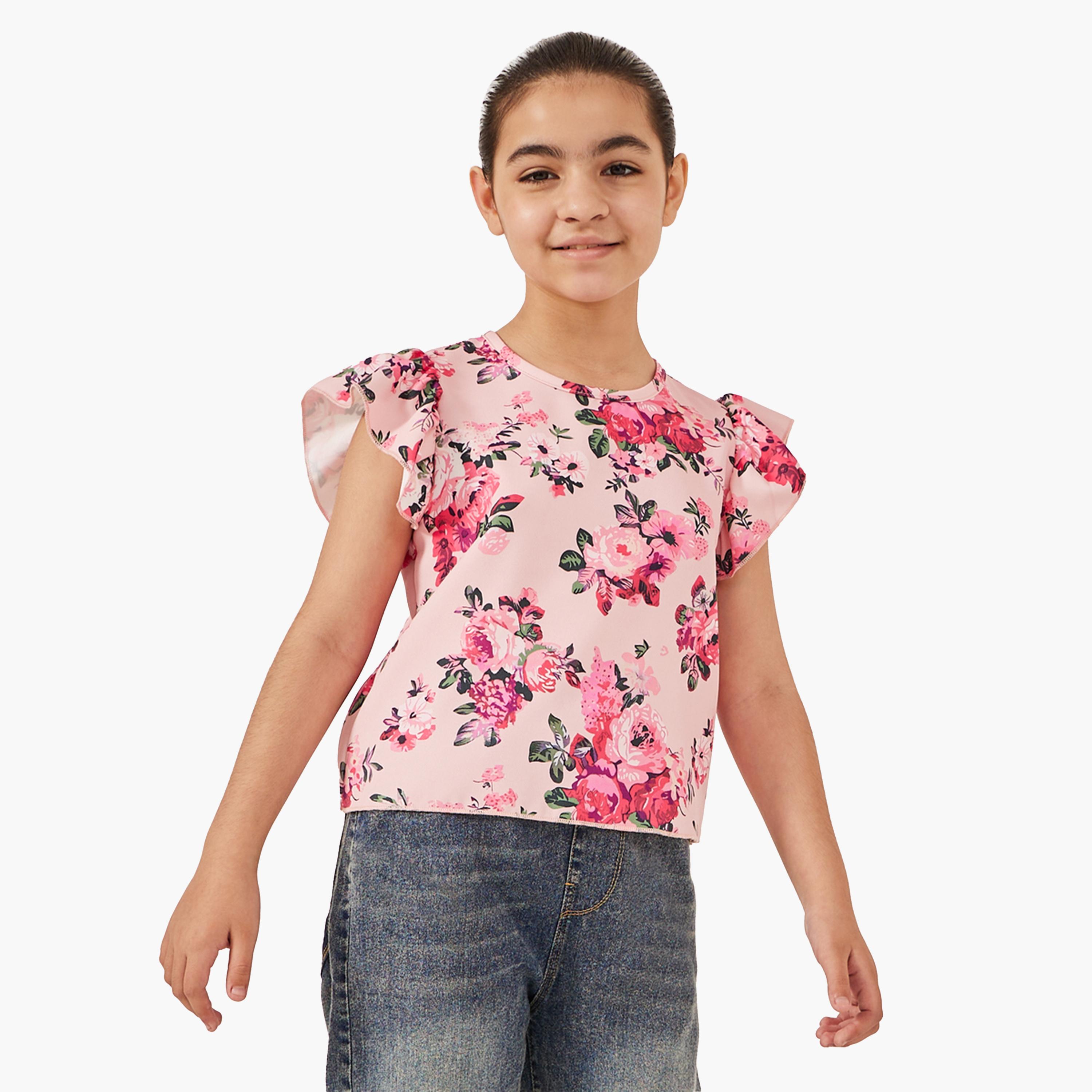 ستايلي- بلوزة بأكمام مكشكشة ومطبوعة بالورود-girls-clothing-blousesandshirts-image-1