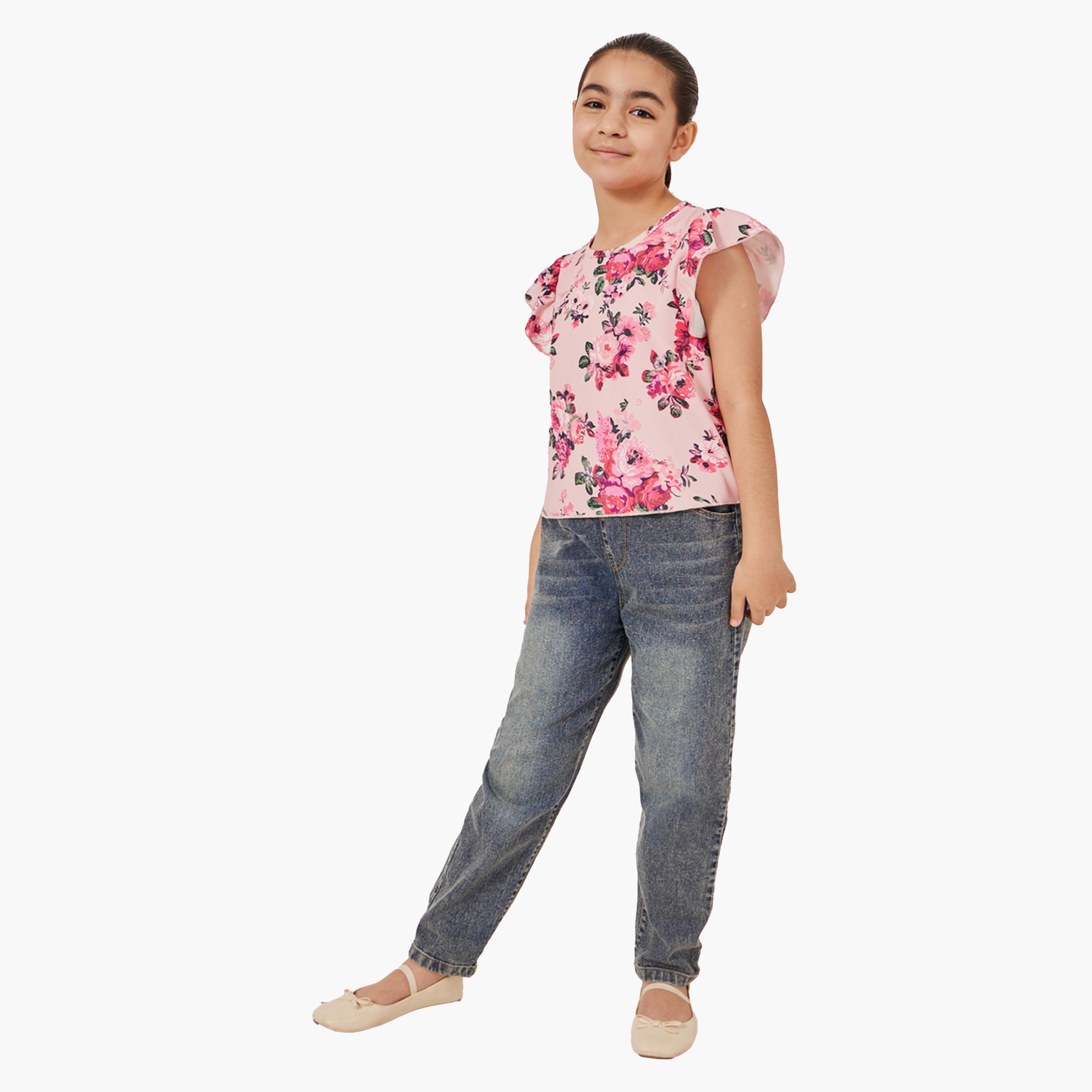 ستايلي- بلوزة بأكمام مكشكشة ومطبوعة بالورود-girls-clothing-blousesandshirts-image-2