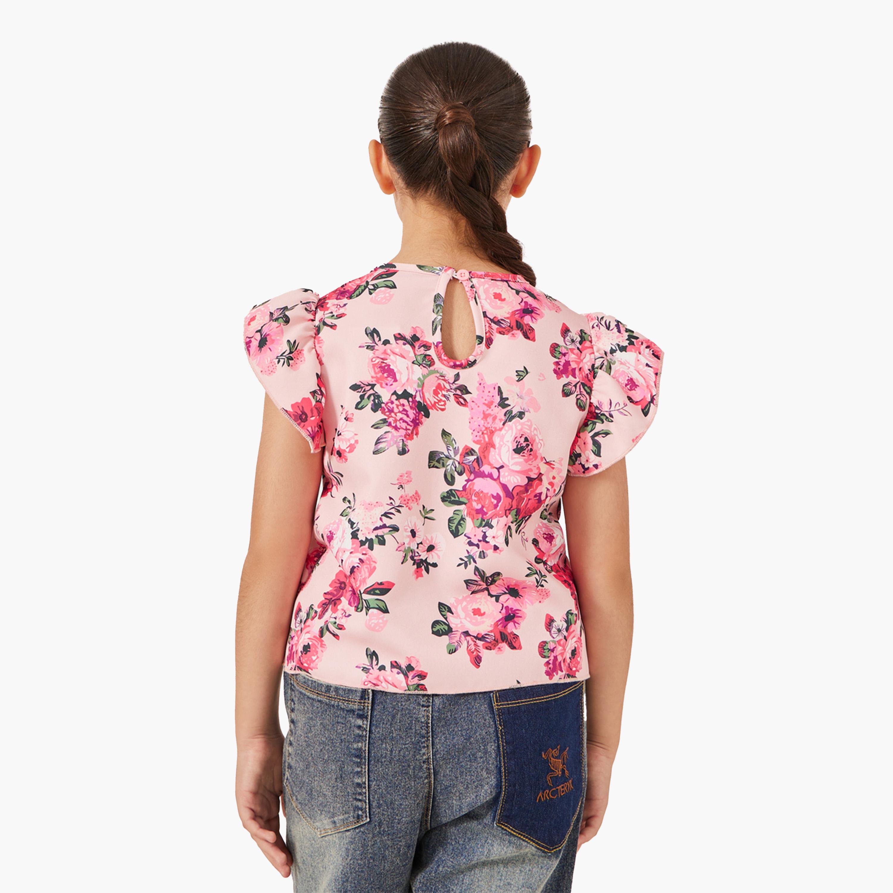ستايلي- بلوزة بأكمام مكشكشة ومطبوعة بالورود-girls-clothing-blousesandshirts-image-4
