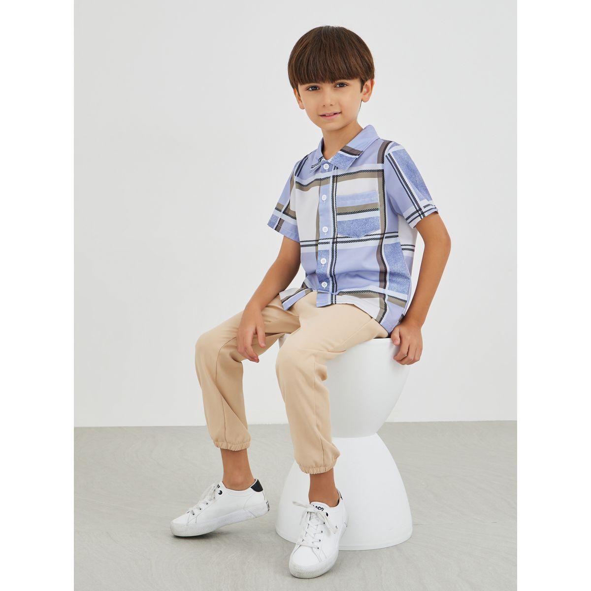 Styli Checked Spread Collar Shirt and Trousers Set-boys-clothing-setsandcoords-image-1