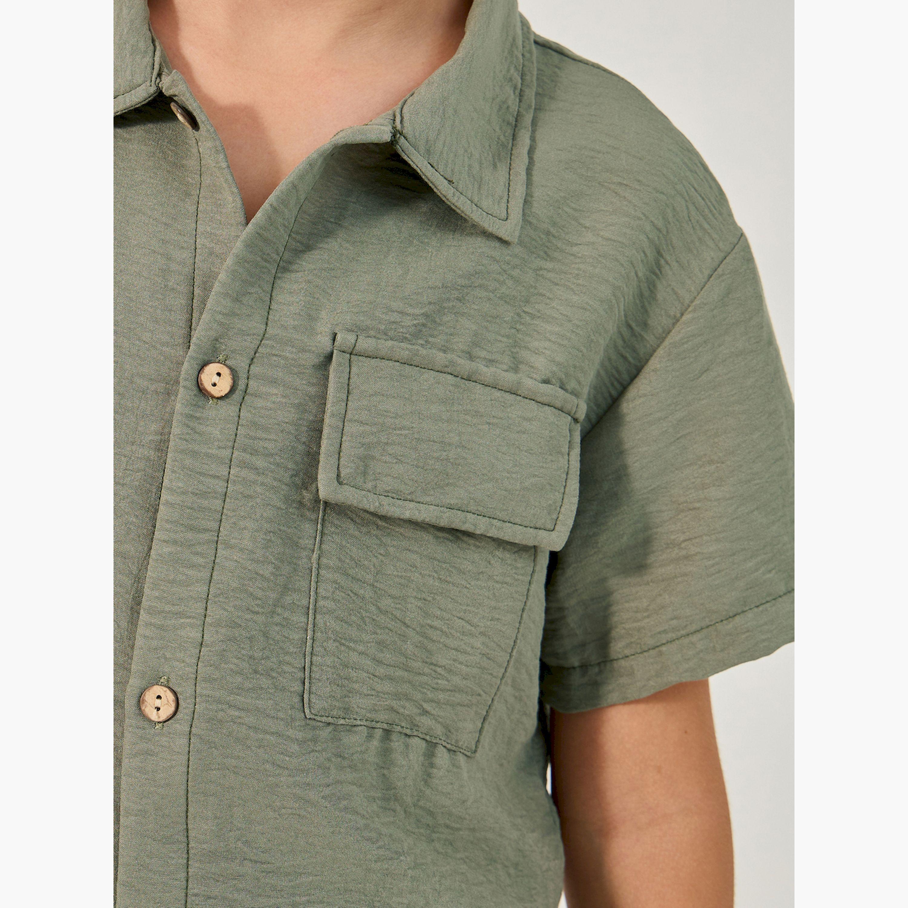 ستايلي -  طقم قميص مجعد سادة وشورت كارغو-boys-clothing-setsandcoords-image-3