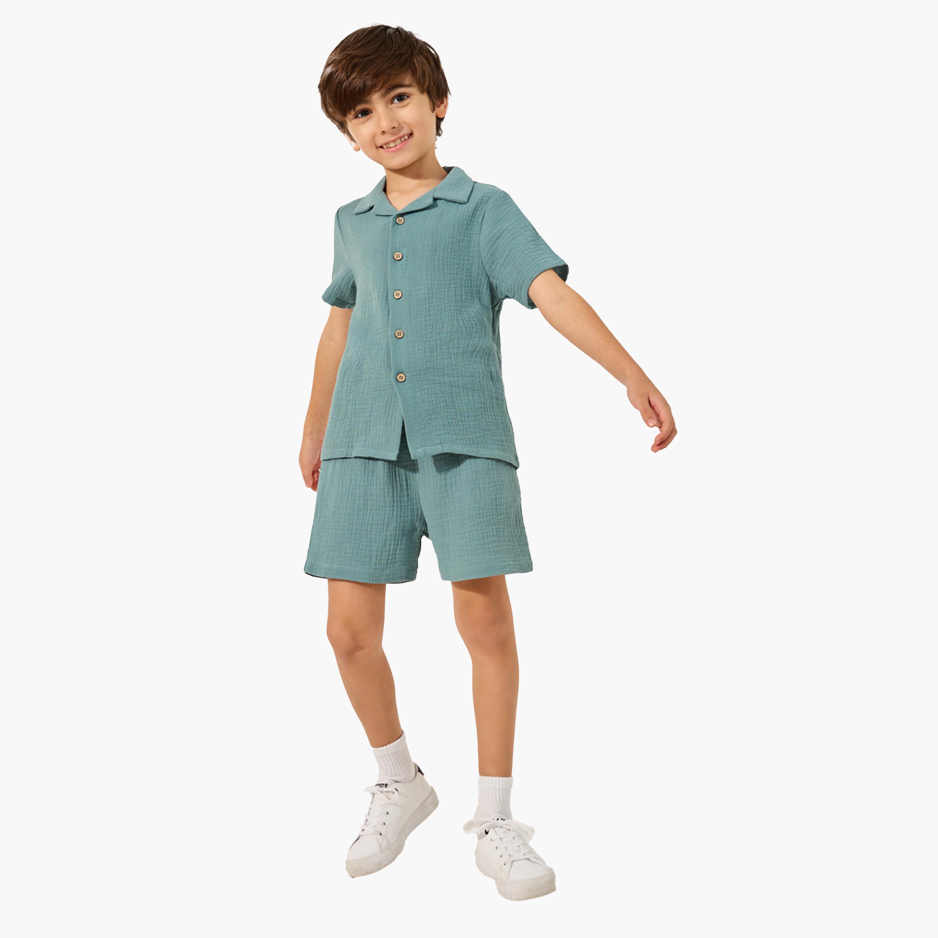 Styli Plain Crinkled Short Sleeve Shirt and Shorts Set-boys-clothing-setsandcoords-image-1