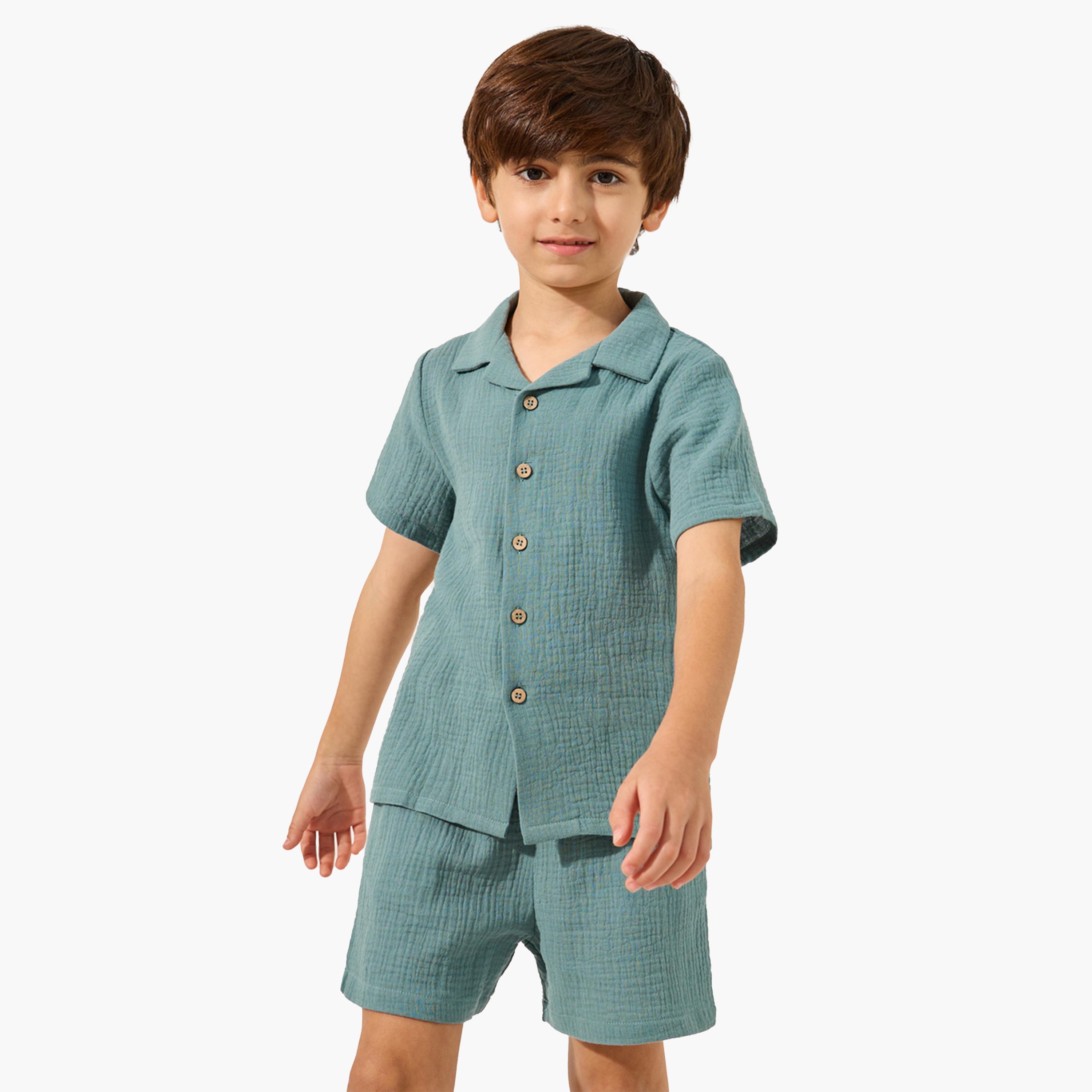 Styli Plain Crinkled Short Sleeve Shirt and Shorts Set-boys-clothing-setsandcoords-image-2