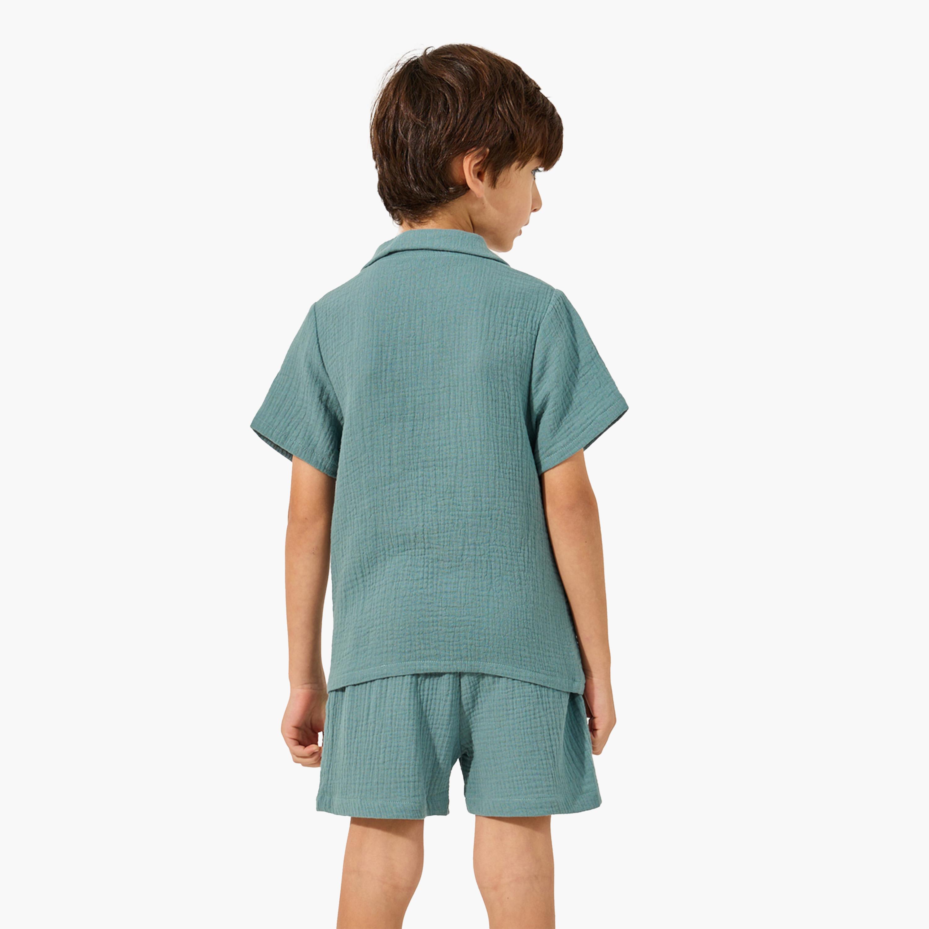 Styli Plain Crinkled Short Sleeve Shirt and Shorts Set-boys-clothing-setsandcoords-image-5