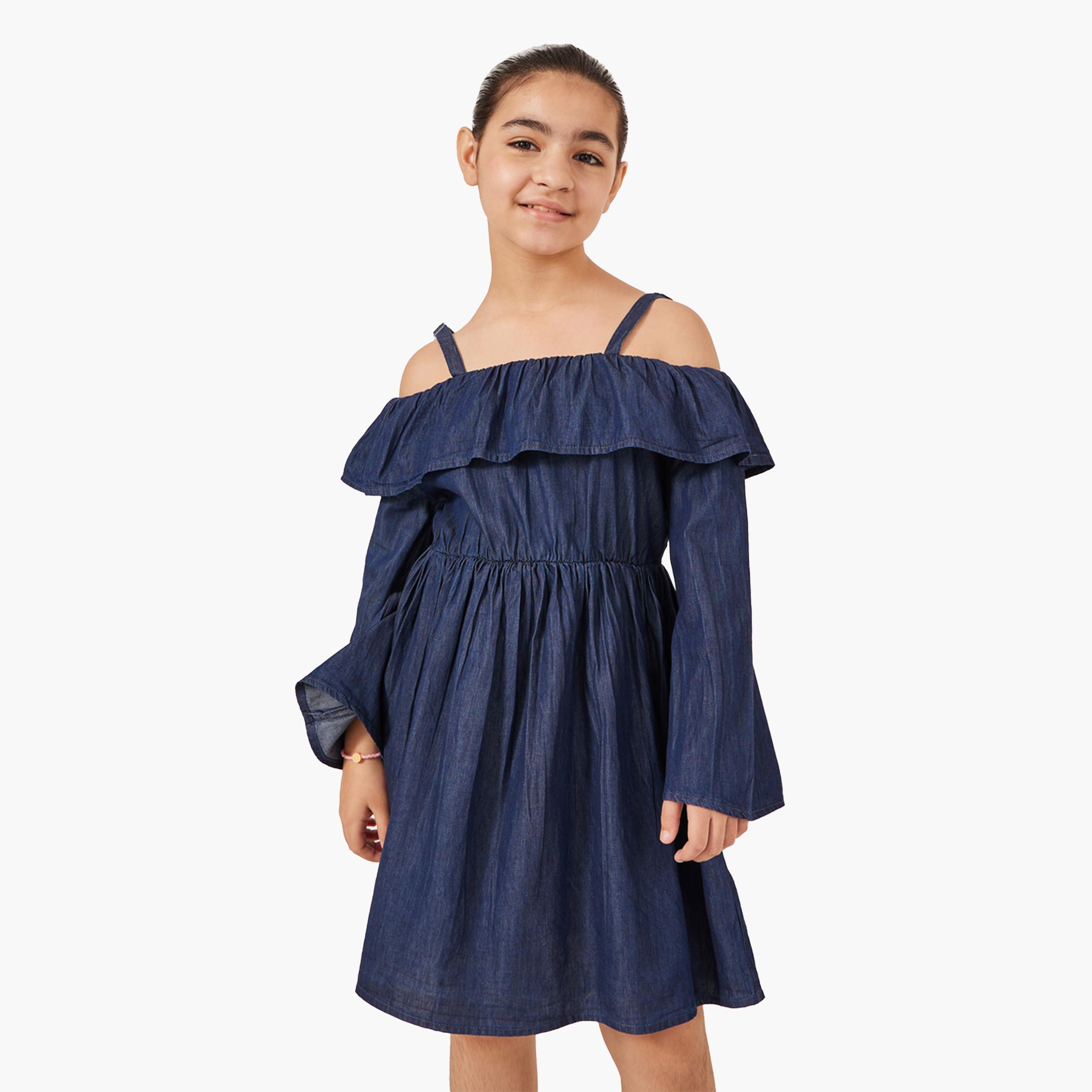 ستايلي - فستان جينز سادة بأكمام مكشوفة الكتفين-girls-clothing-dressesandjumpsuits-image-1