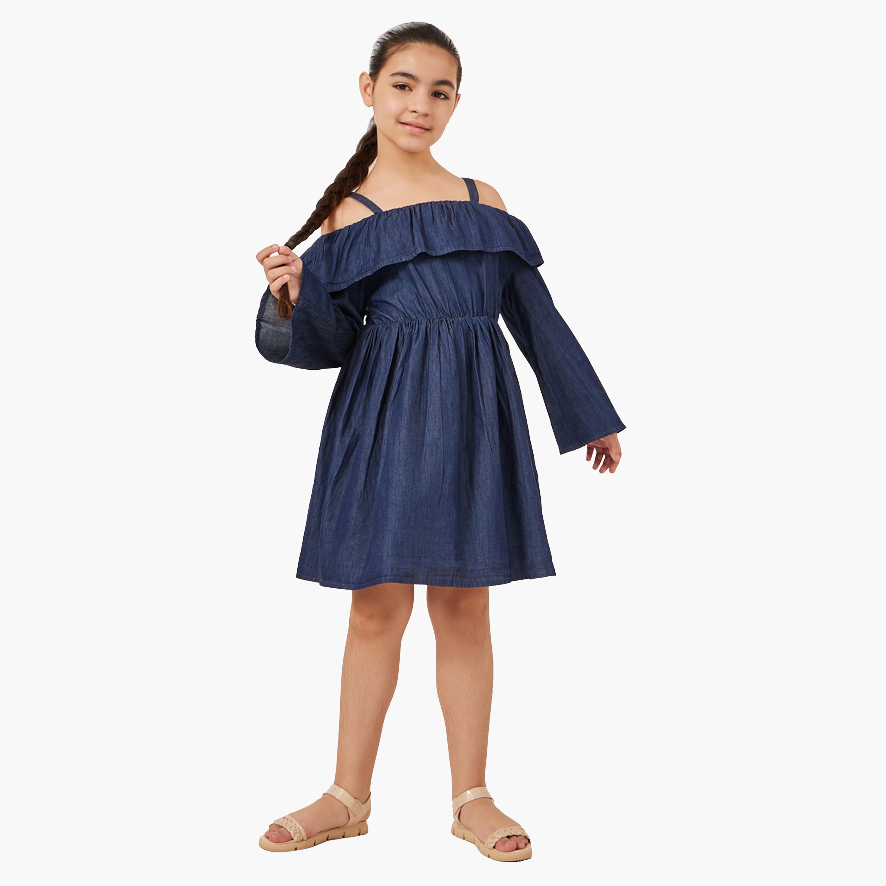 Styli Plain Cold-Shoulder Sleeves Denim Dress-girls-clothing-dressesandjumpsuits-image-2