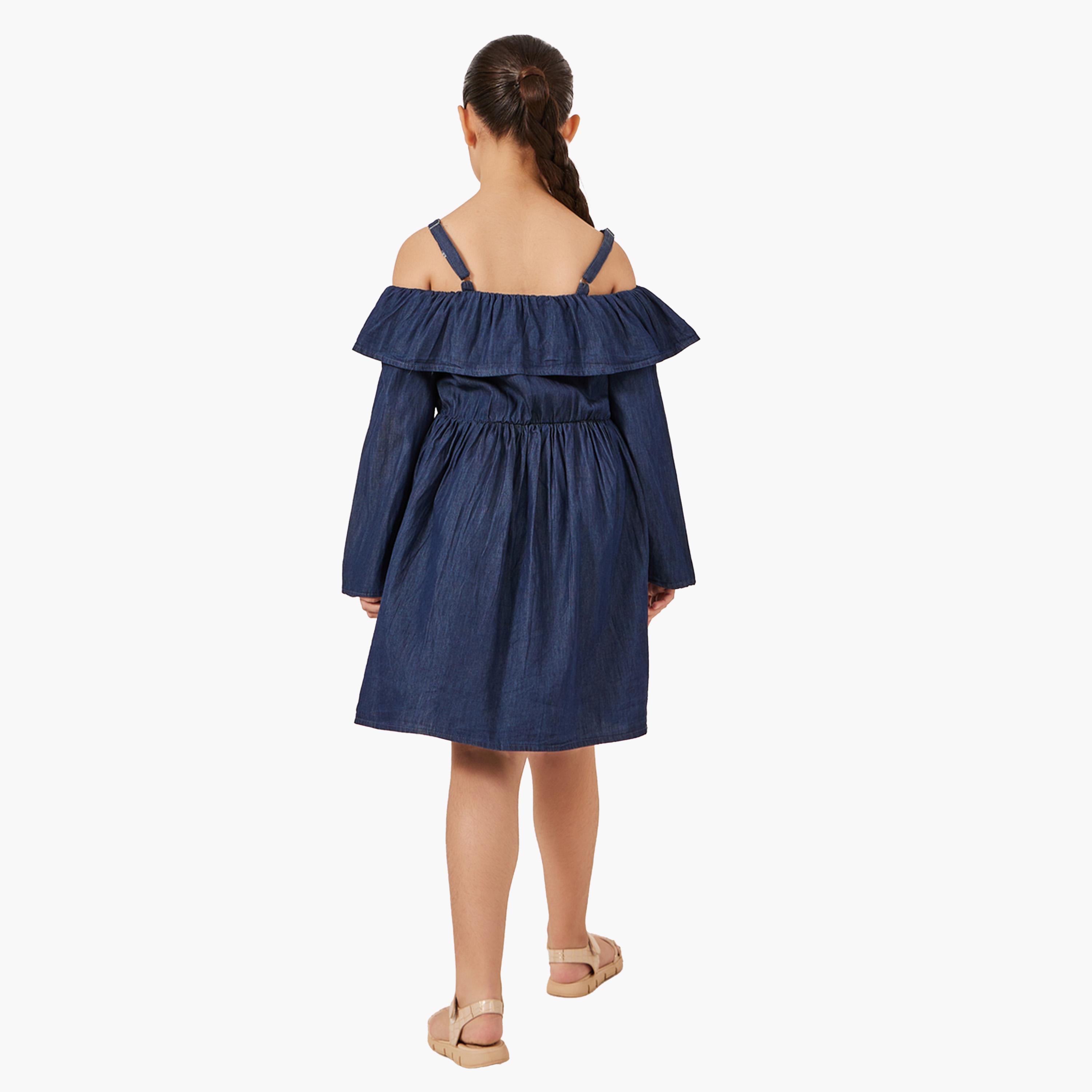 Styli Plain Cold-Shoulder Sleeves Denim Dress-girls-clothing-dressesandjumpsuits-image-4