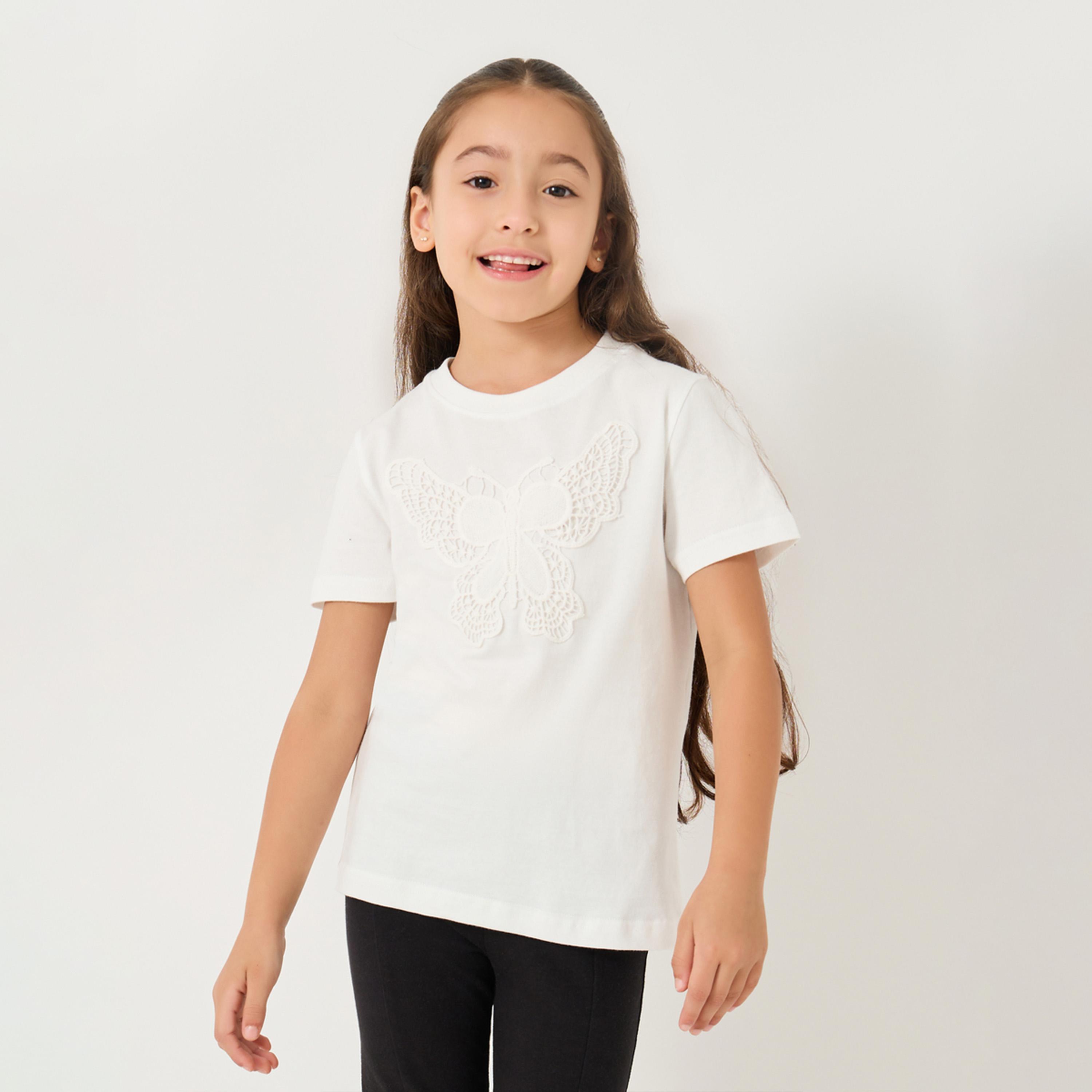 Styli Toddler Girls T-Shirt With Butterfly Crochet Patch-girls-clothing-tshirts-image-1