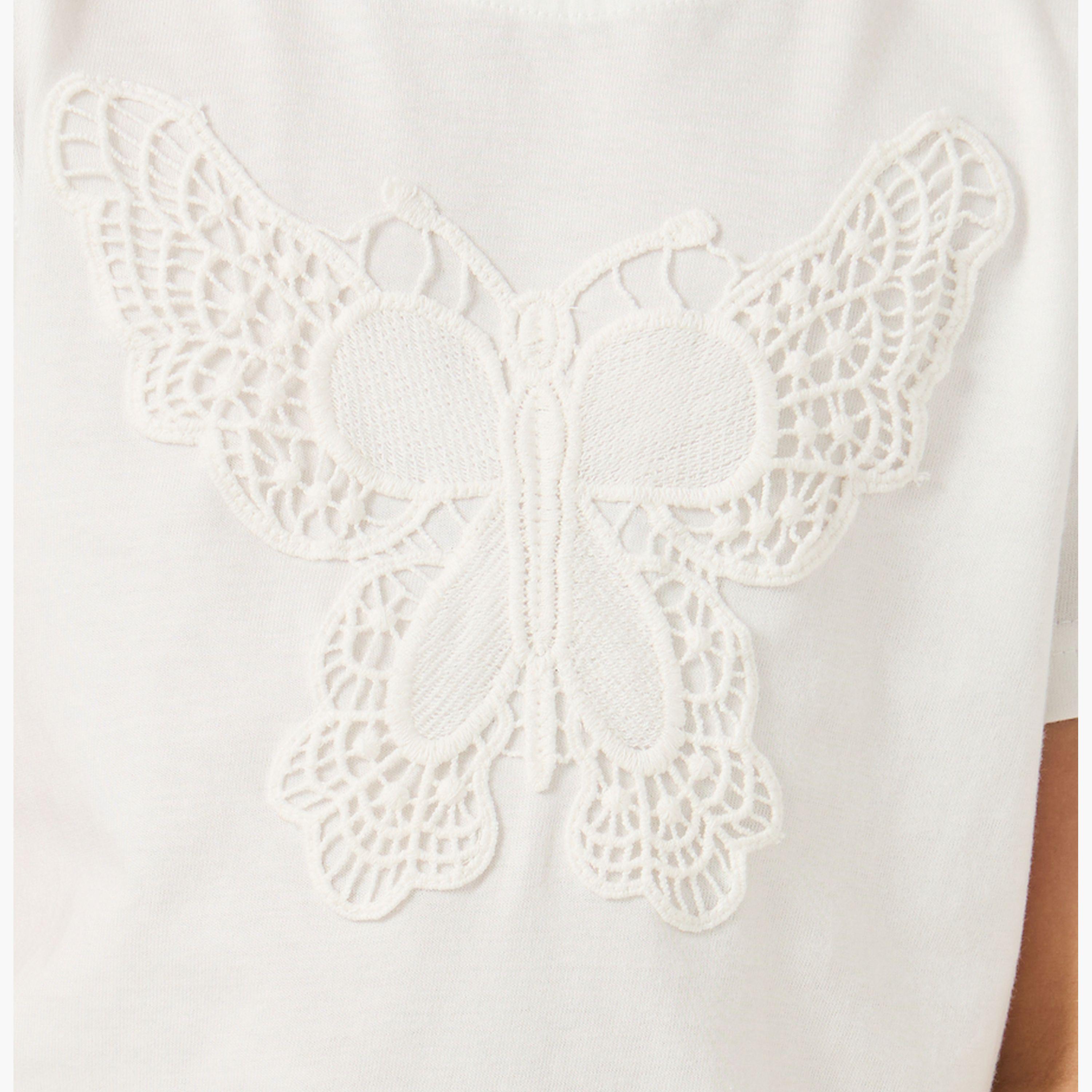 ستايلي - تي شيرت للبنات الصغار مع رقعة كروشيه على شكل فراشة-girls-clothing-tshirts-image-3