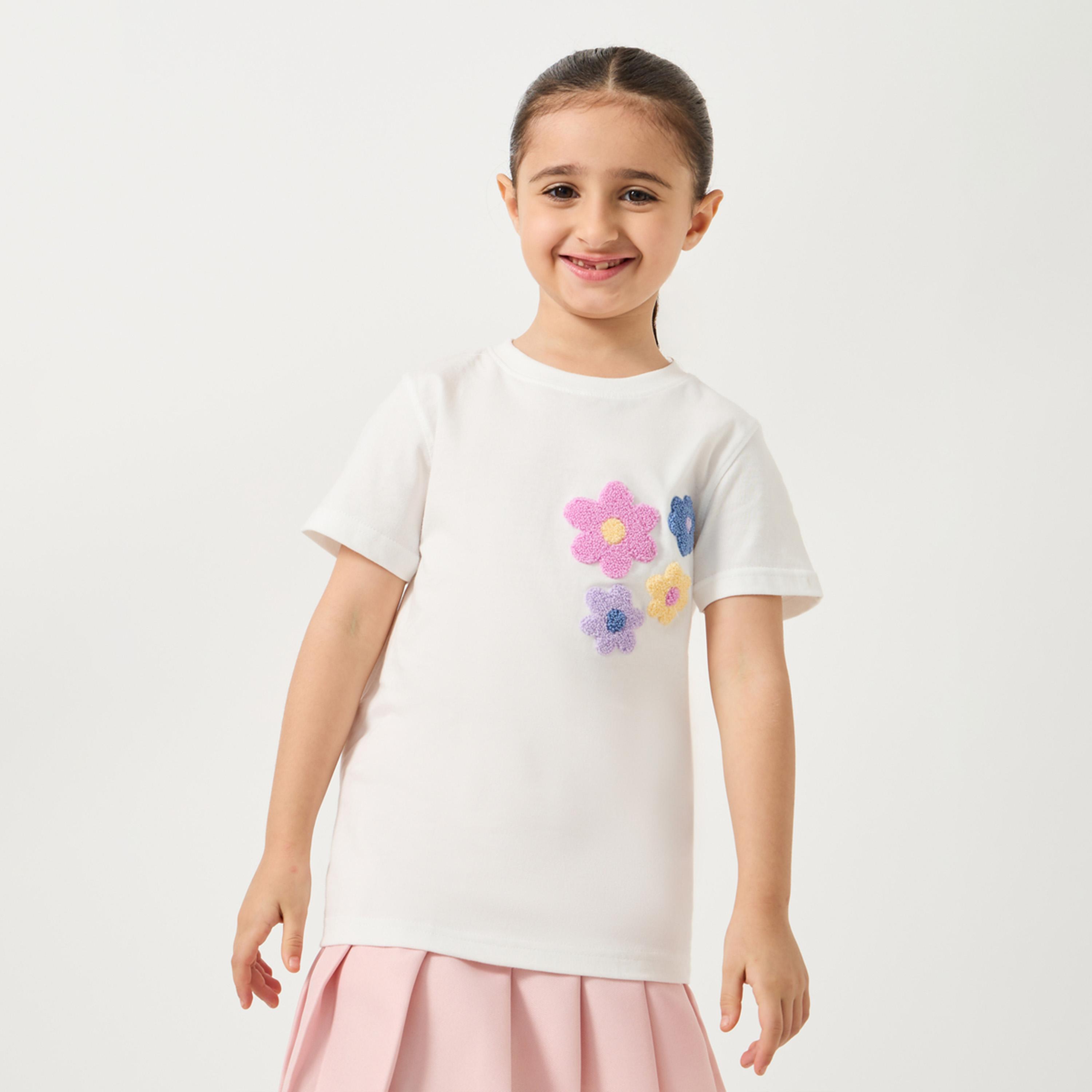 Styli Toddler Girls Grown On Sleeve T-Shirt With Crochet Flower-girls-clothing-tshirts-image-1
