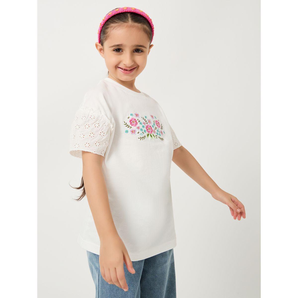 Styli Embroidered Short Sleeve T-Shirt with Schiffli Sleeves-girls-clothing-tshirts-image-1