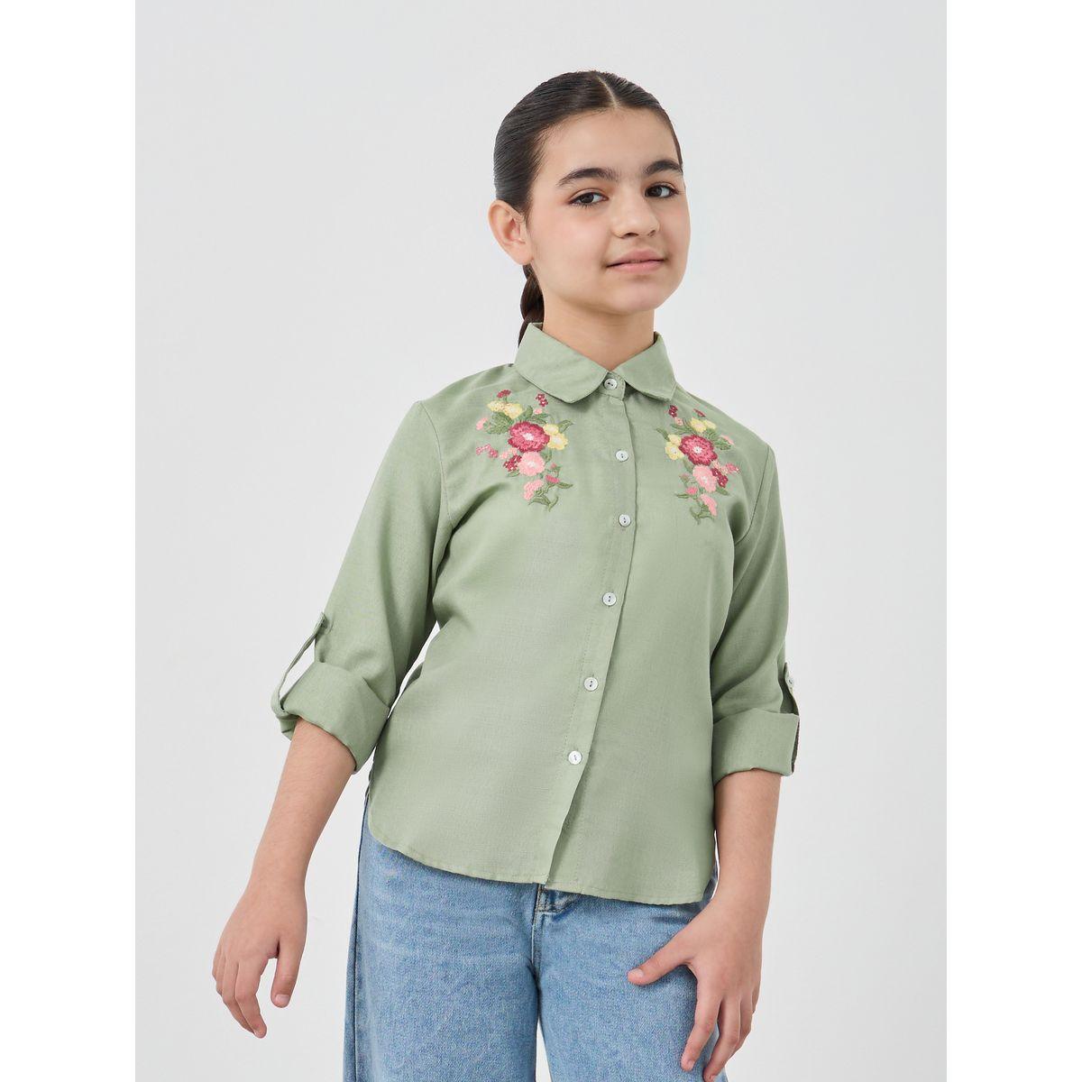 Styli Girls Embroidered Roll-Up Sleeves Shirt-girls-clothing-blousesandshirts-image-1