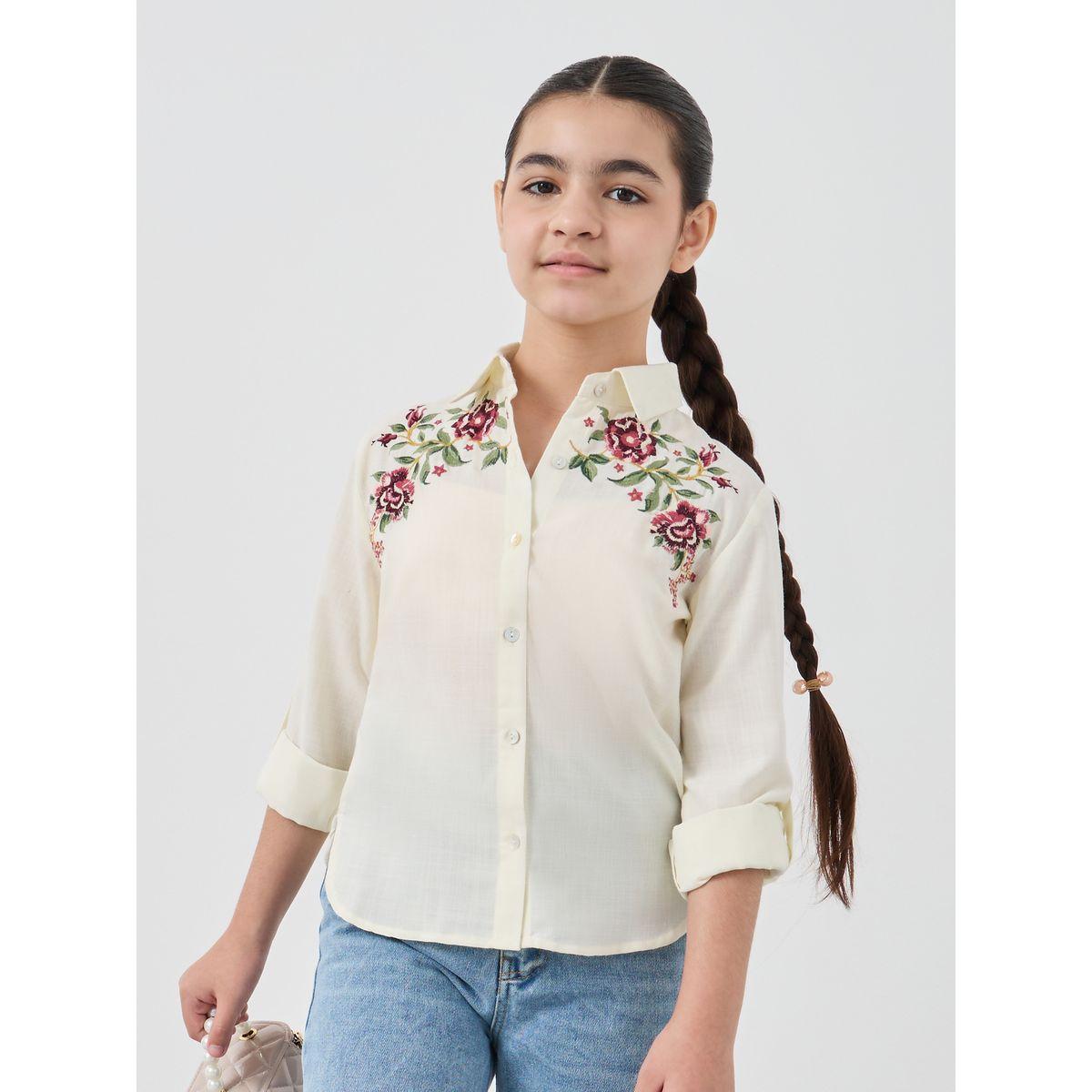 بلوزة بتفاصيل مُطرّزة وأكمام مطوية-girls-clothing-blousesandshirts-image-1
