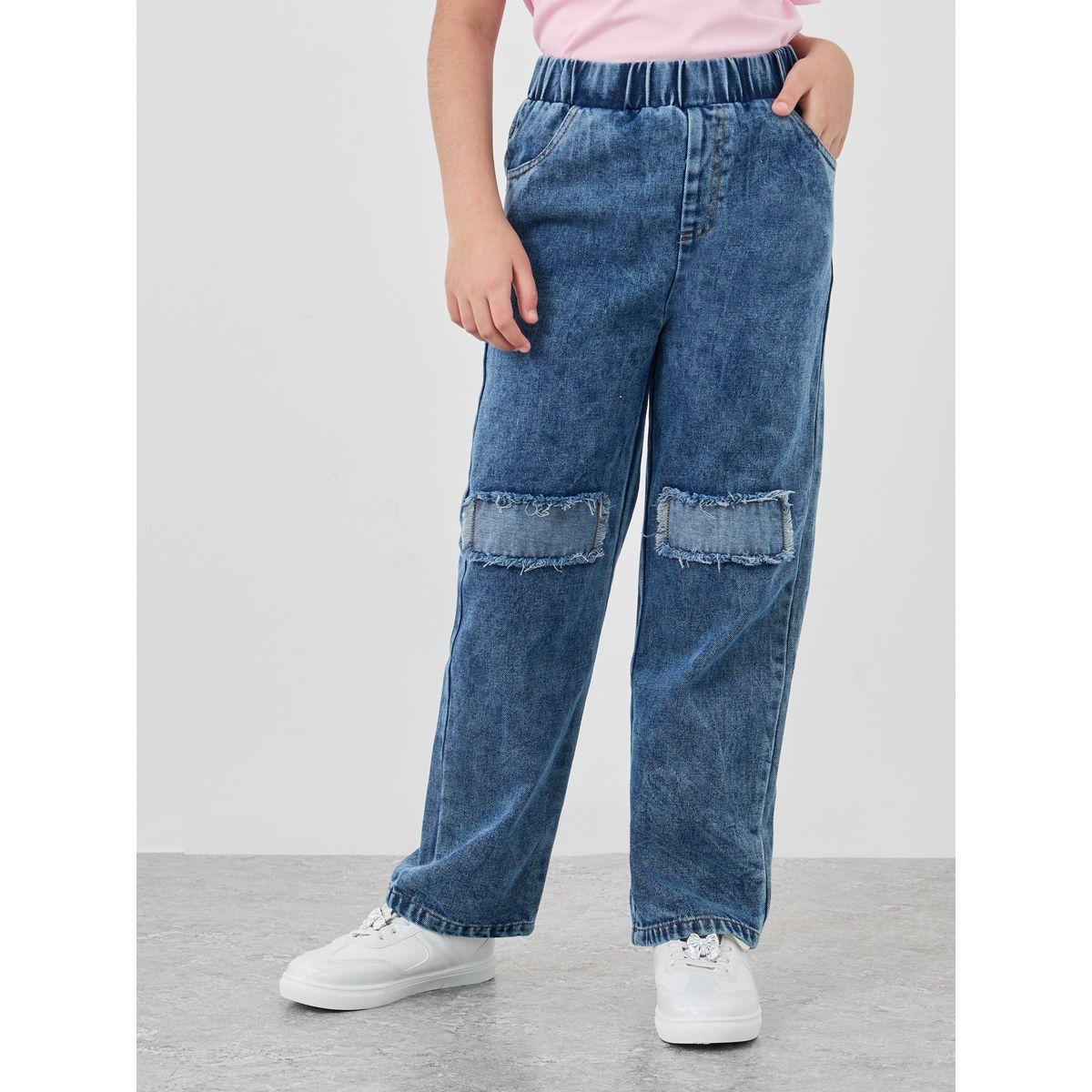 Styli Girls Acid Washed Elasticated Waistband Jeans with Knee Patch-girls-clothing-bottoms-jeansandjeggings-image-1