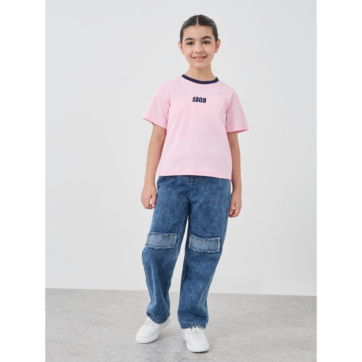 Styli Girls Acid Washed Elasticated Waistband Jeans with Knee Patch-girls-clothing-bottoms-jeansandjeggings-image-2