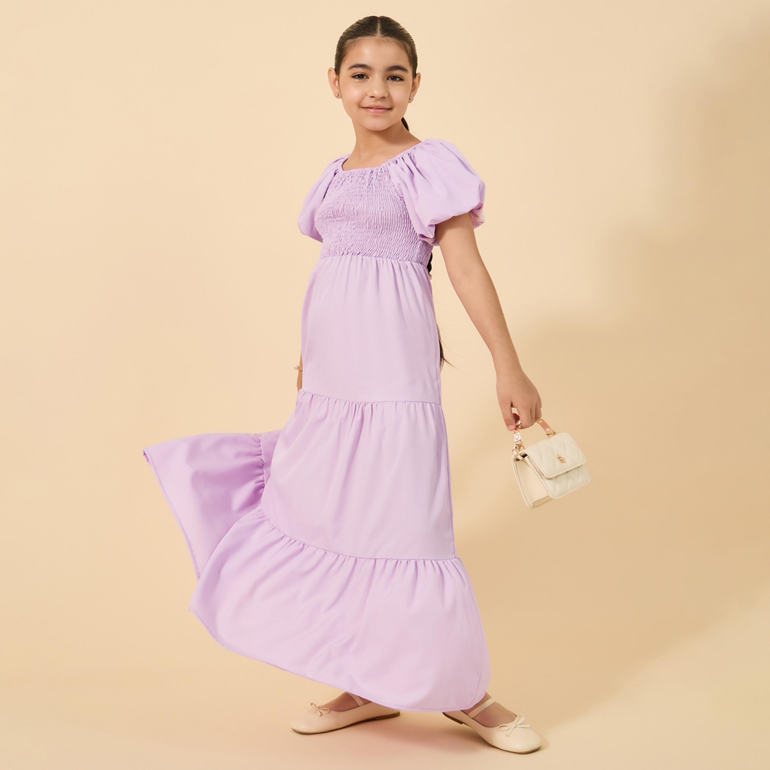 ستايلي - فستان ماكسي سادة بتفاصيل مجمعة للفتيات المراهقات-girls-clothing-dressesandjumpsuits-image-1