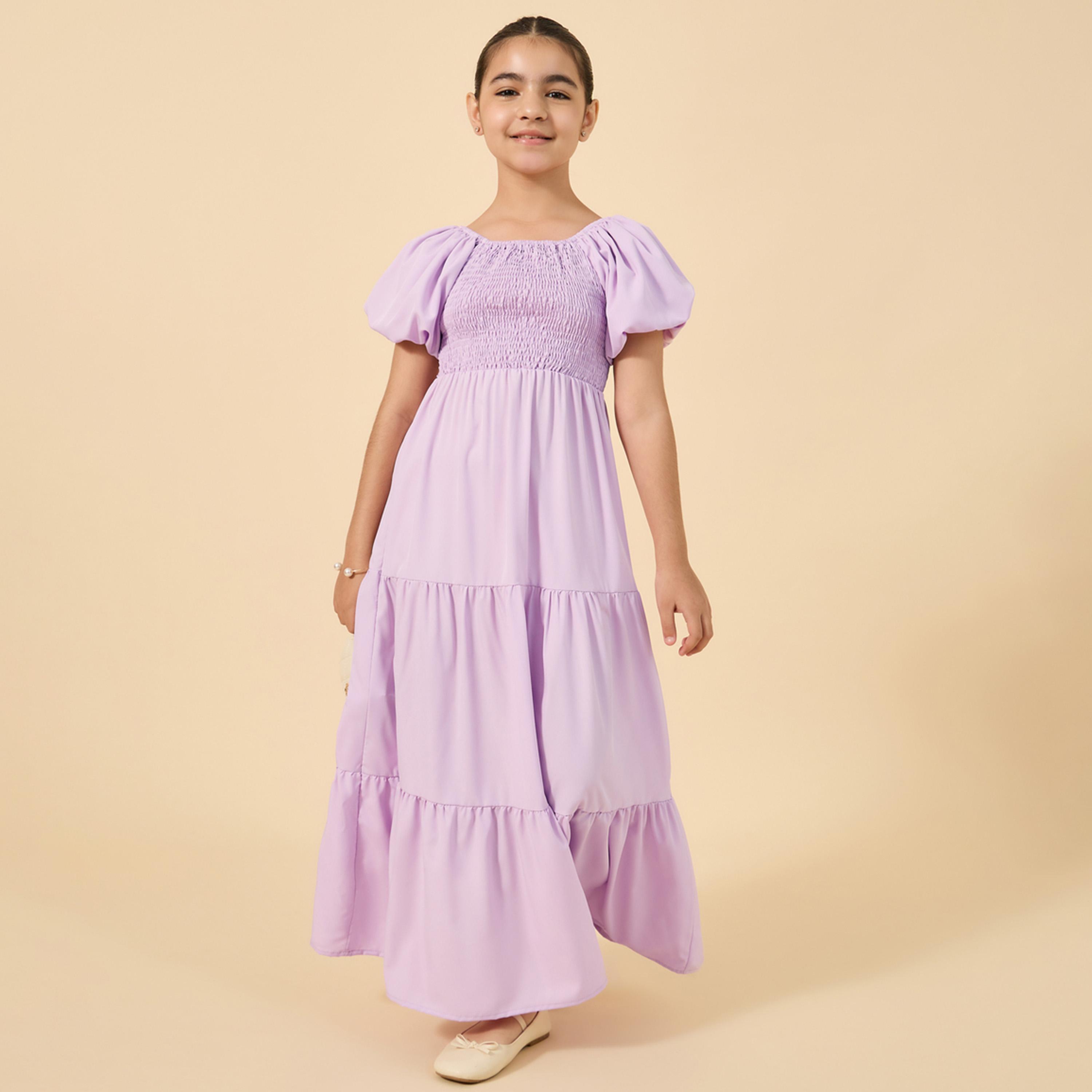 ستايلي - فستان ماكسي سادة بتفاصيل مجمعة للفتيات المراهقات-girls-clothing-dressesandjumpsuits-image-2