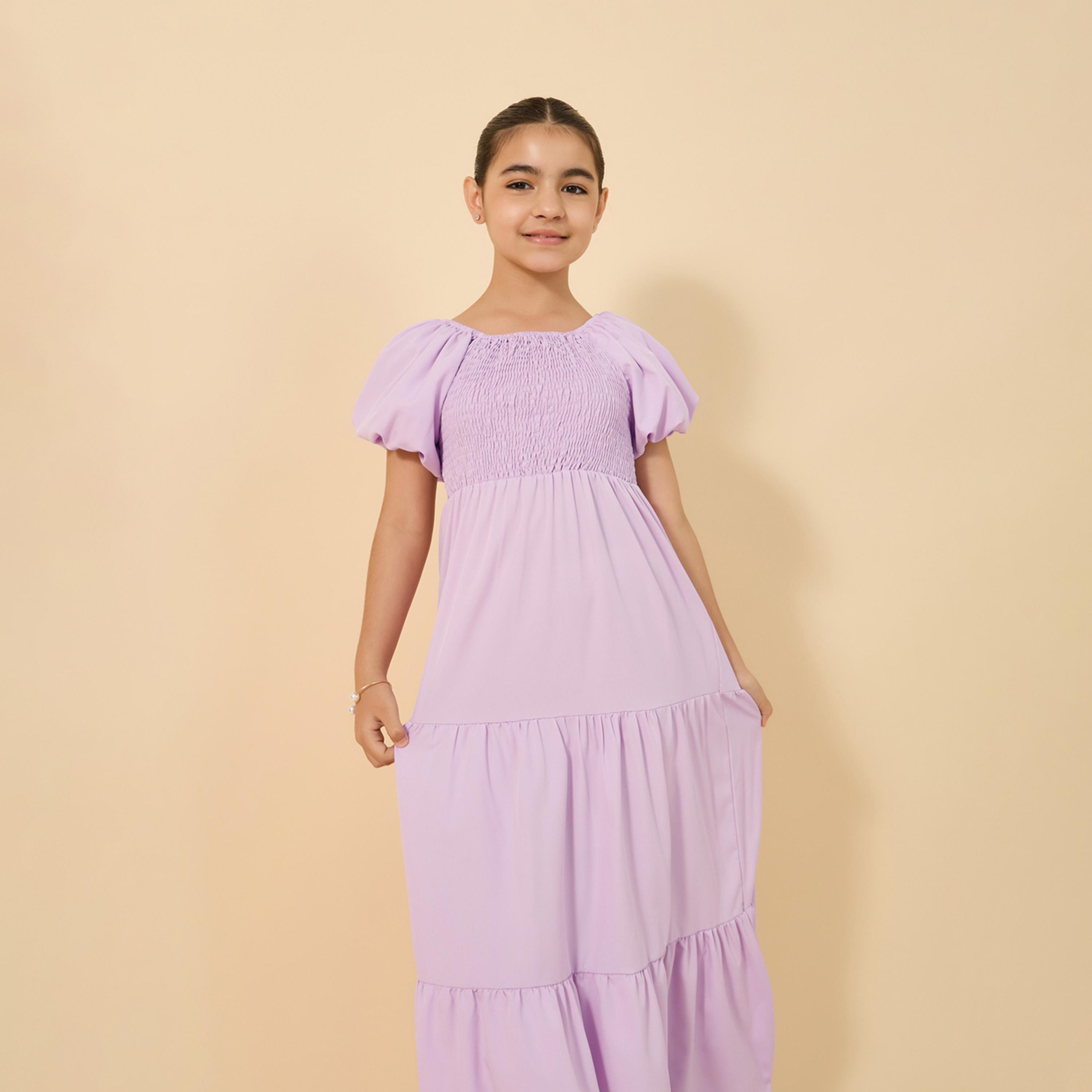 ستايلي - فستان ماكسي سادة بتفاصيل مجمعة للفتيات المراهقات-girls-clothing-dressesandjumpsuits-image-3