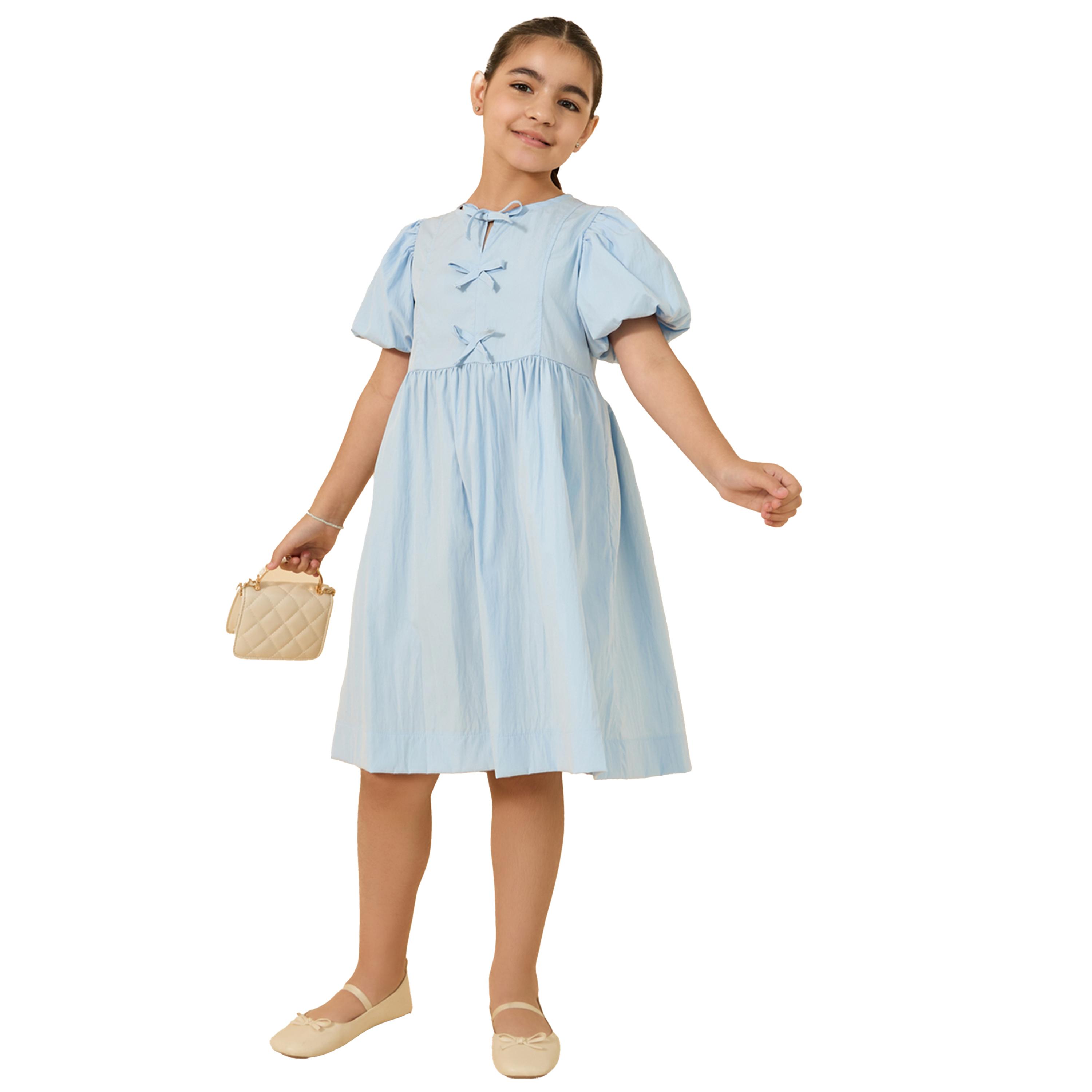 Styli Puff Sleeve Bow Detail Round Neck Dress-girls-clothing-dressesandjumpsuits-image-1