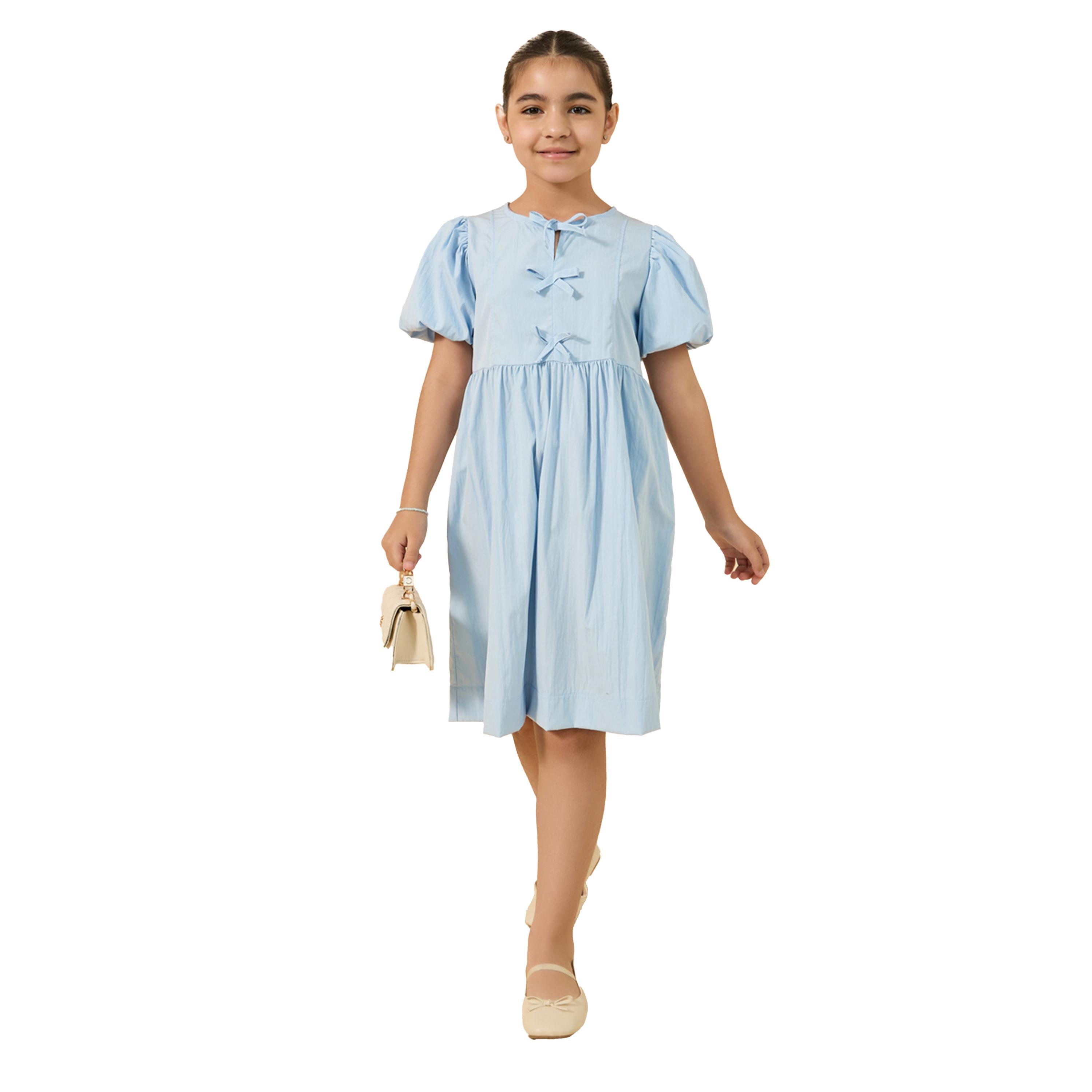 ستايلي - فستان بأكمام منتفخة وياقة دائرية وتفاصيل فيونكة-girls-clothing-dressesandjumpsuits-image-2