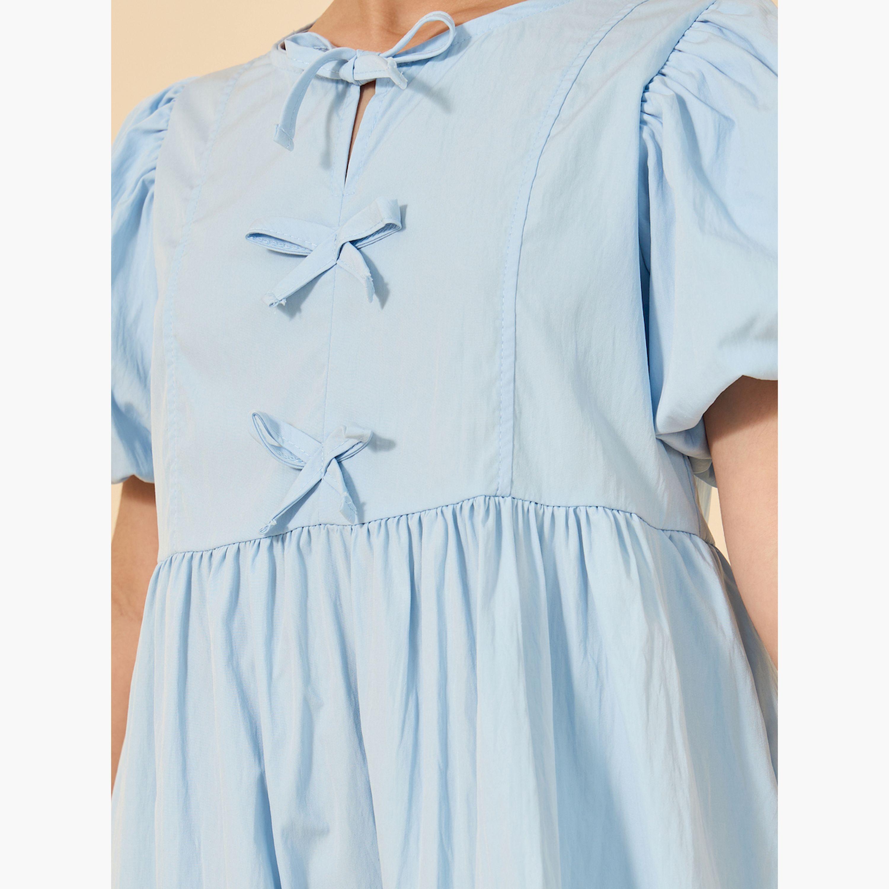 Styli Puff Sleeve Bow Detail Round Neck Dress-girls-clothing-dressesandjumpsuits-image-4