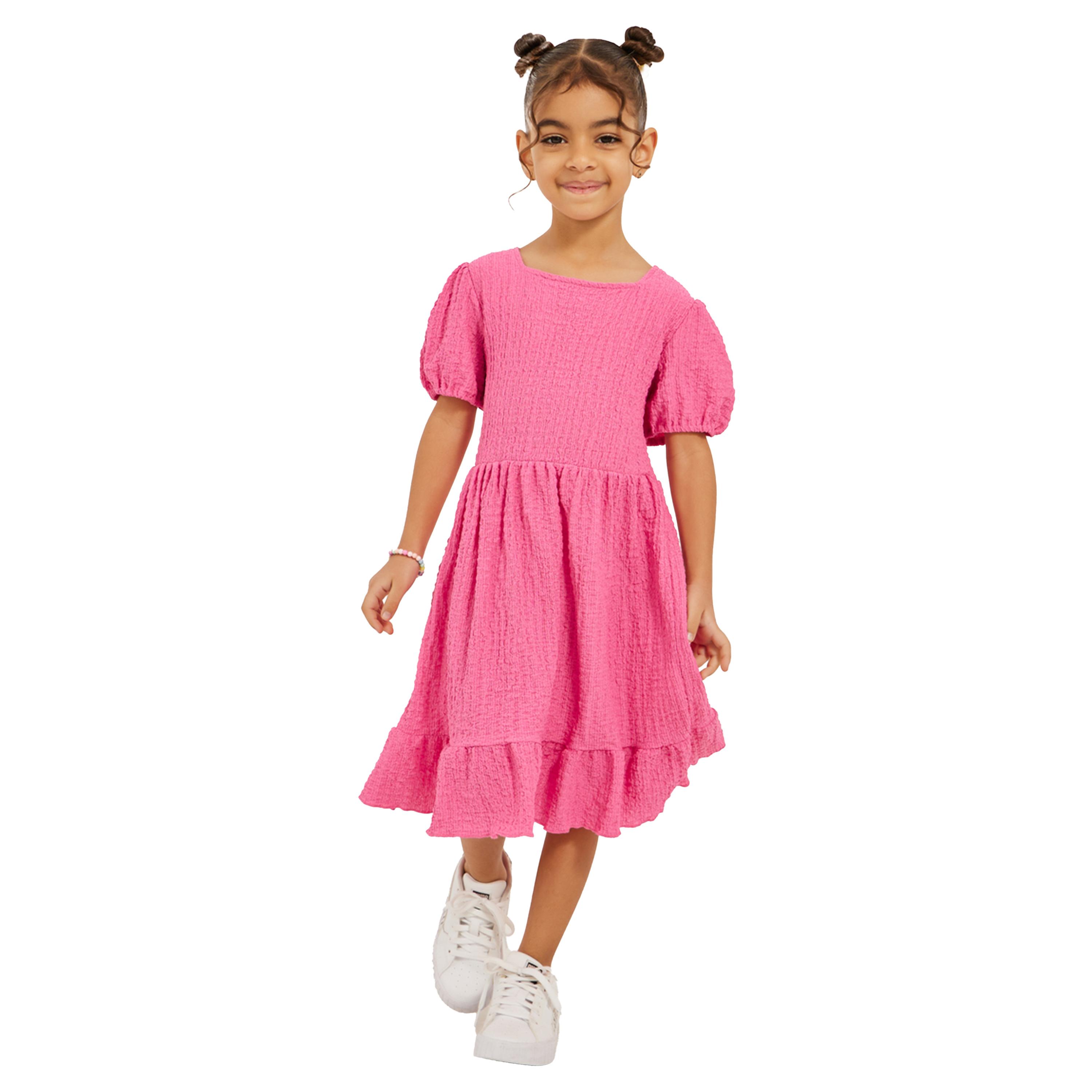 Styli Textured Knit Puff Sleeve Ruffled Hem Dress-girls-clothing-dressesandjumpsuits-image-1