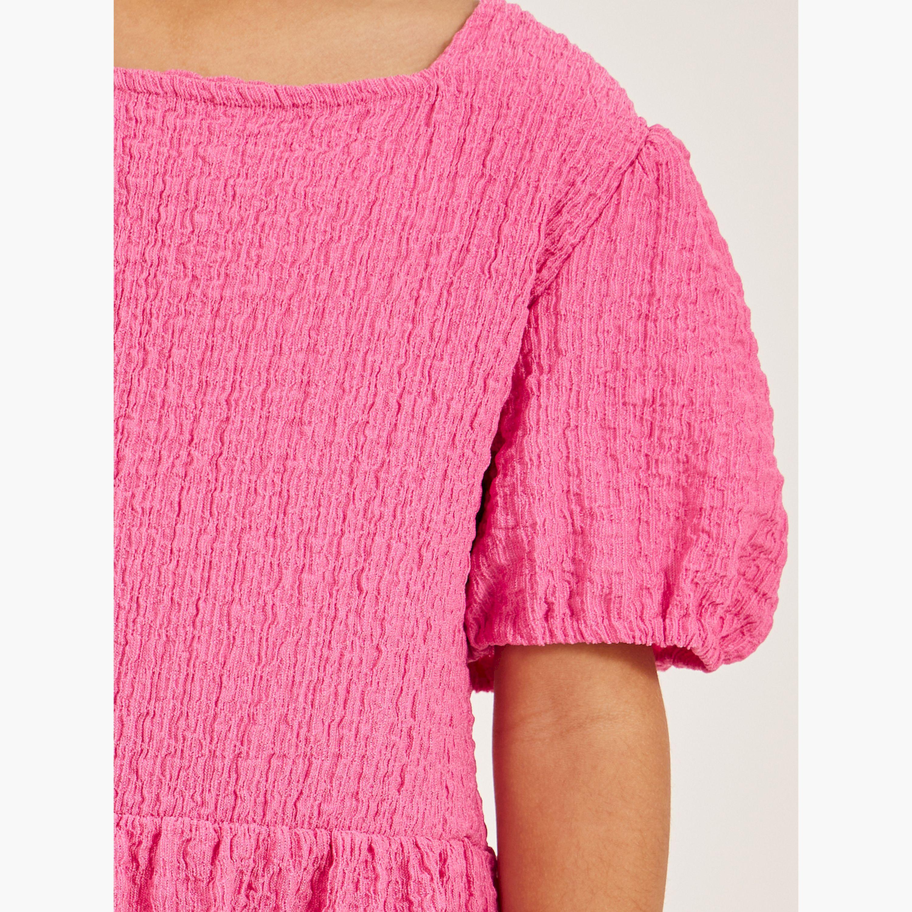 Styli Textured Knit Puff Sleeve Ruffled Hem Dress-girls-clothing-dressesandjumpsuits-image-3