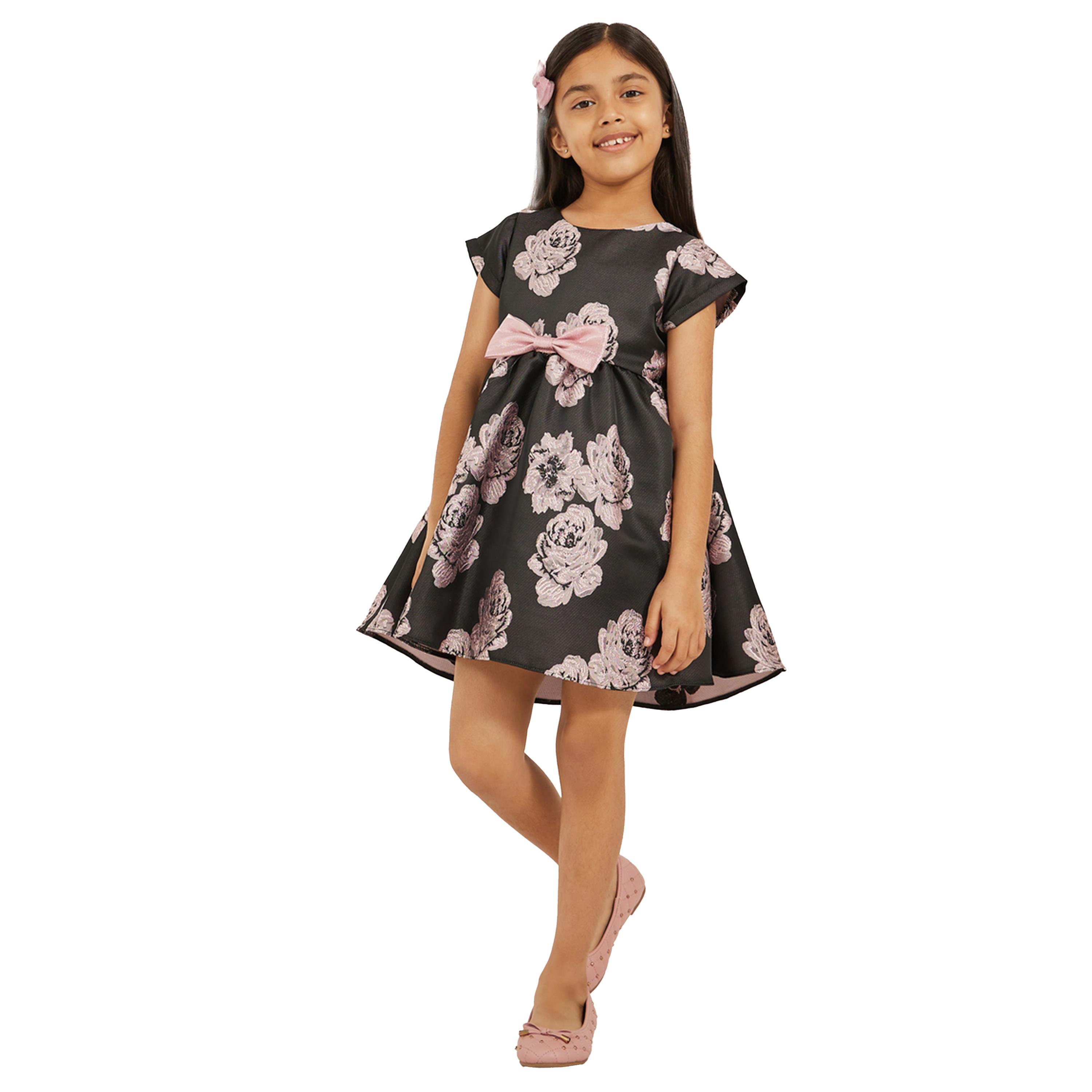 Styli Floral Jacquard Short Sleeve Dress with Bow Detail-girls-clothing-dressesandjumpsuits-image-1