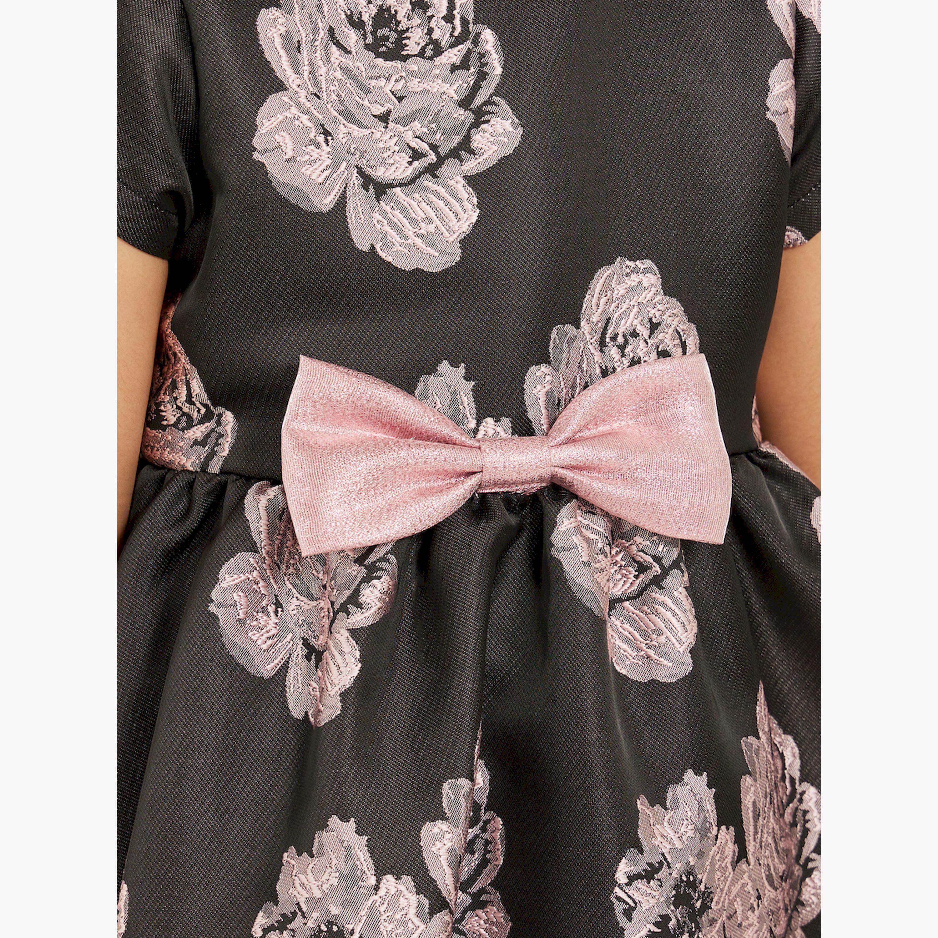 Styli Floral Jacquard Short Sleeve Dress with Bow Detail-girls-clothing-dressesandjumpsuits-image-3