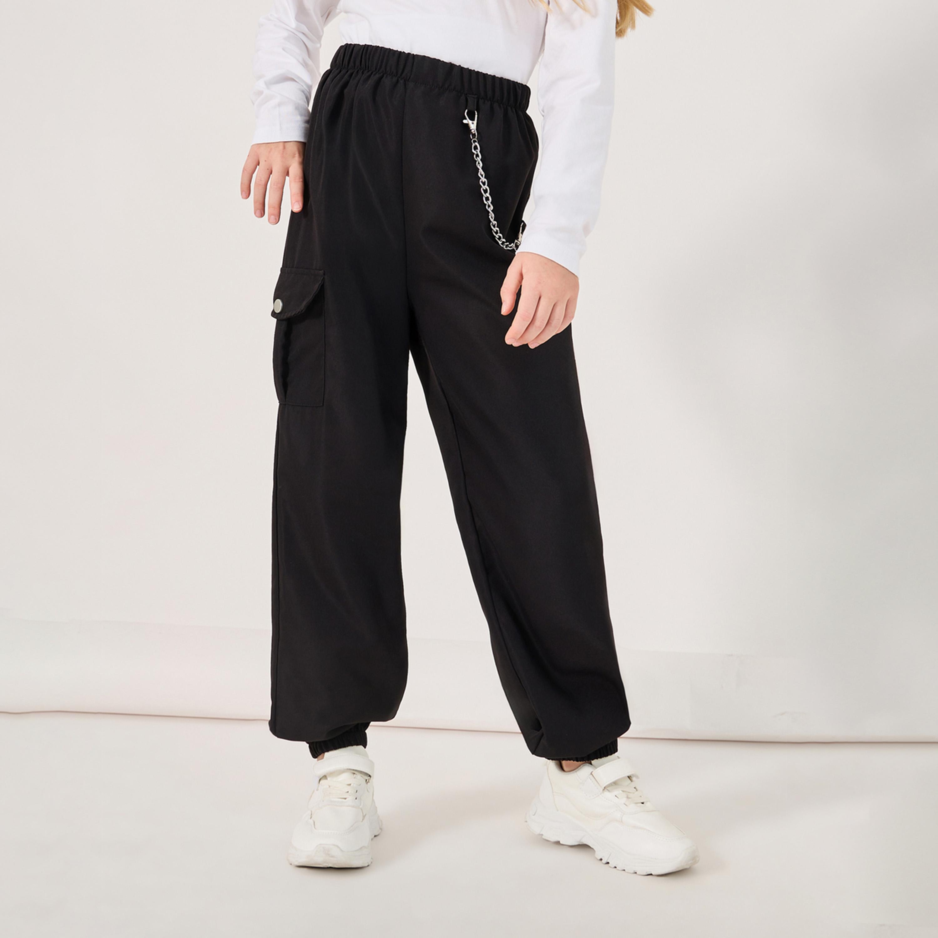 Styli Solid Cargo Pocket Pants With Chain Detail-girls-clothing-bottoms-trousers-image-1