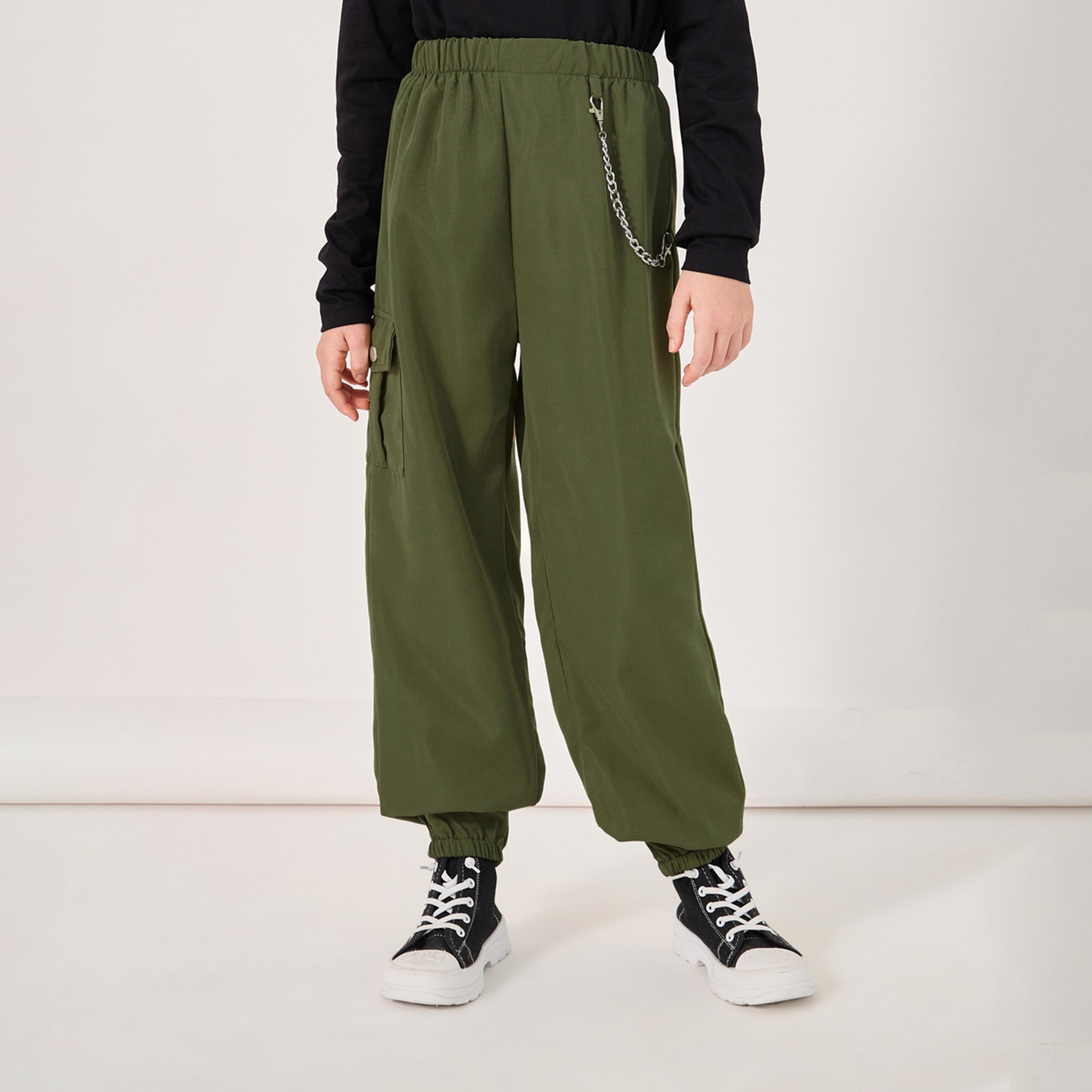 Styli Solid Cargo Pocket Pants With Chain Detail-girls-clothing-bottoms-trousers-image-1