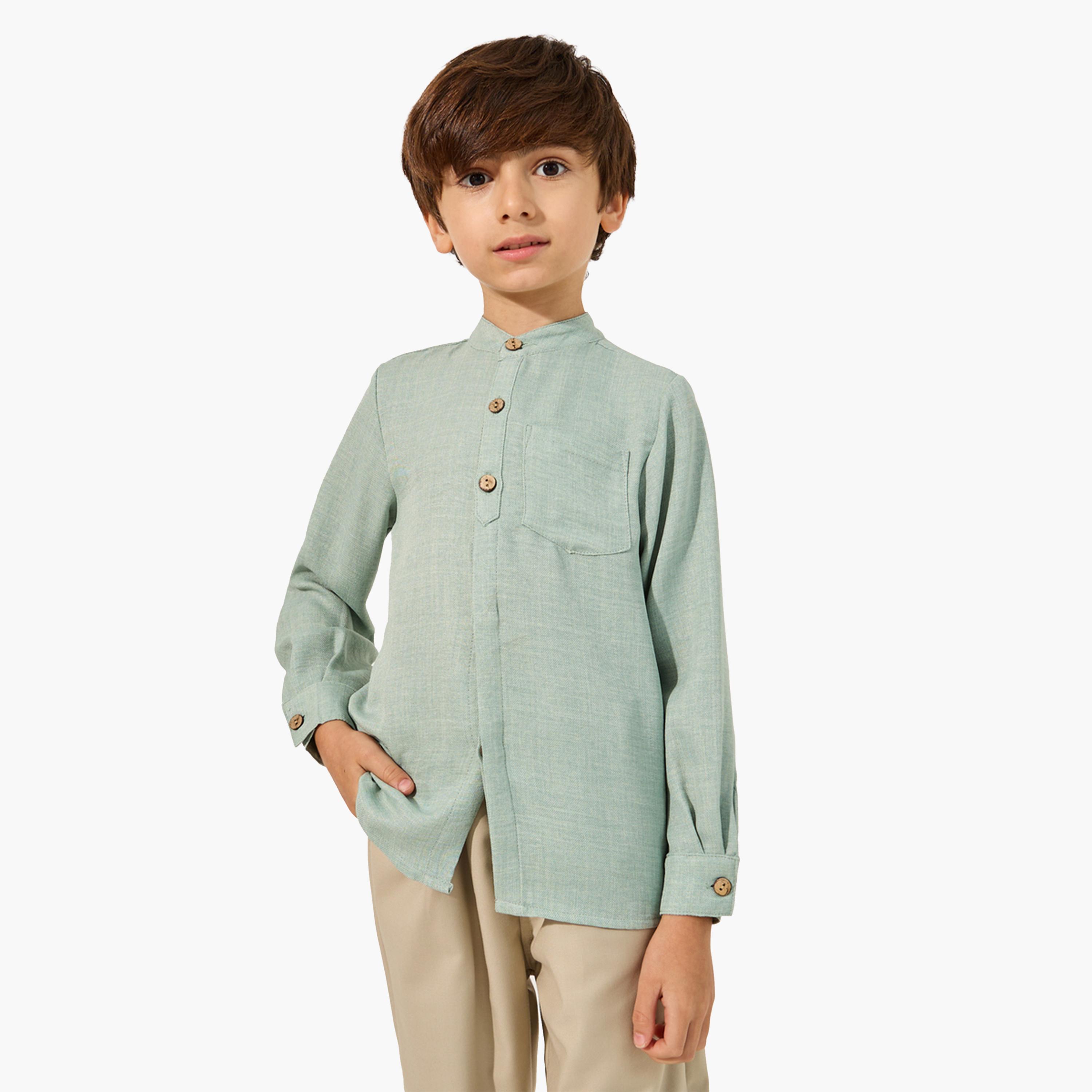 Styli Plain Mandarin Collared Shirt with Pocket-boys-clothing-shirts-image-1