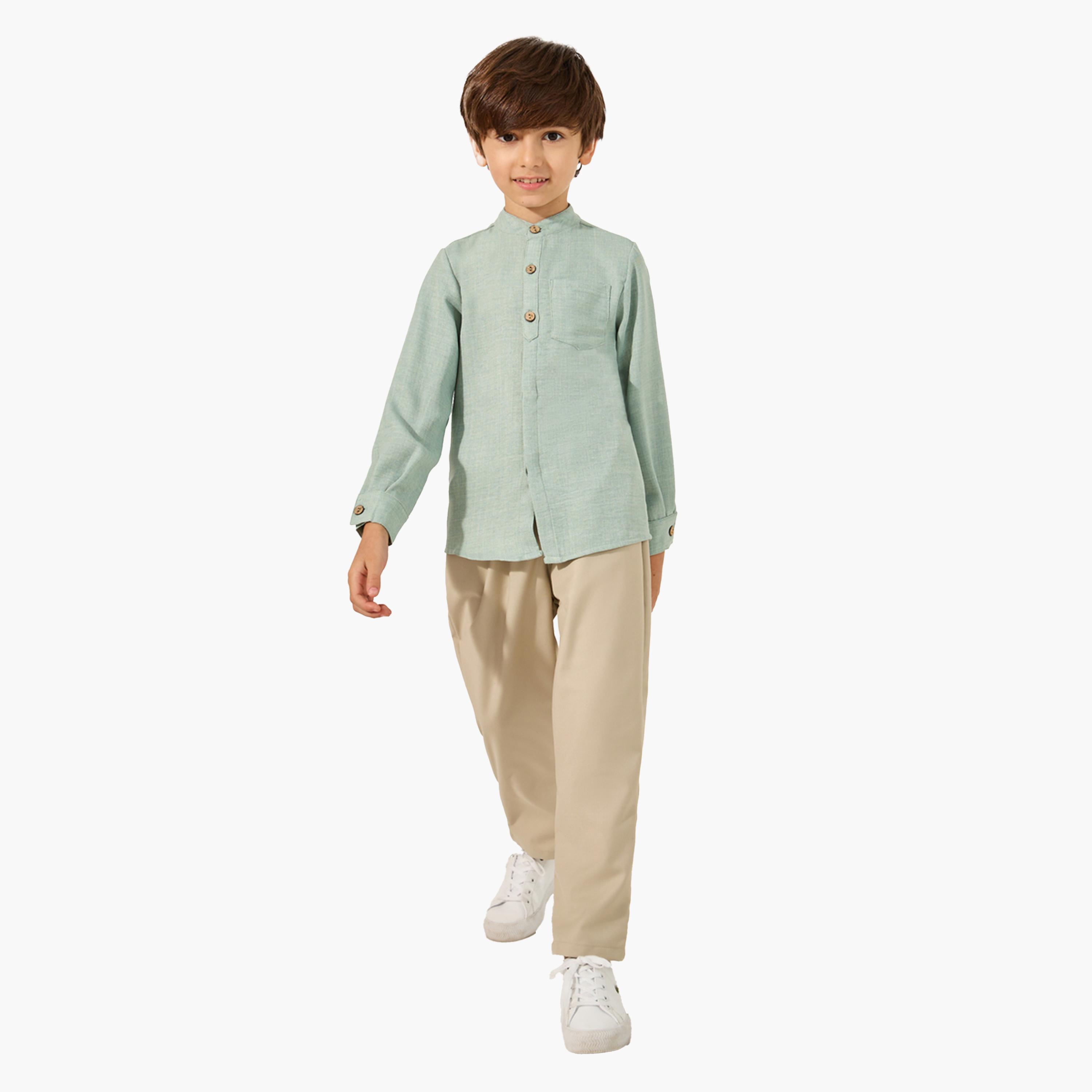 ستايلي - قميص سادة بياقة ماندرين وجيب-boys-clothing-shirts-image-2