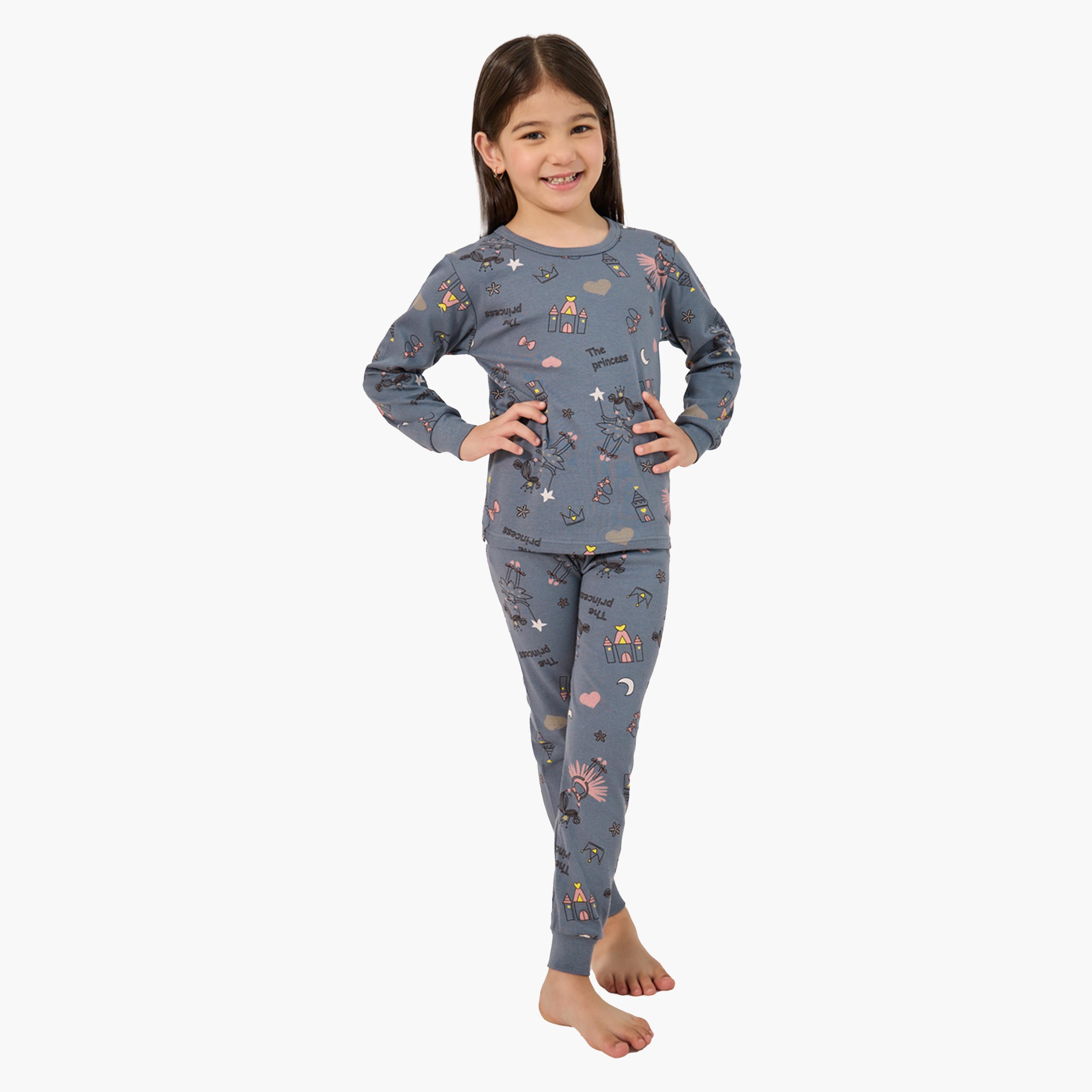 Styli All-Over Print Round Neck T-Shirt and Pyjama Set-girls-clothing-nightwear-image-1