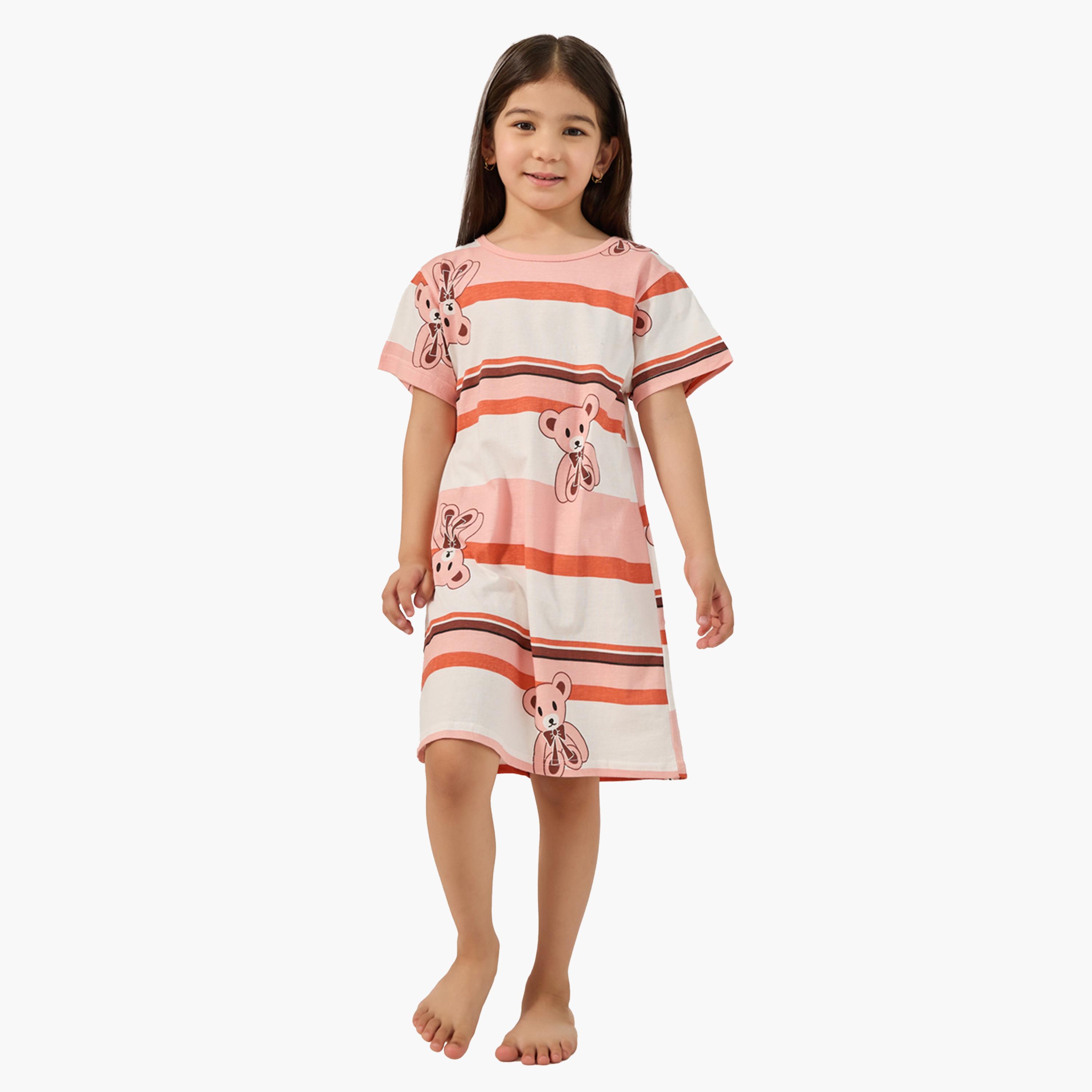 ستايلي-  فستان نوم تي شيرت رقبة دائرية وطبعة جرافيكية-girls-clothing-nightwear-image-2