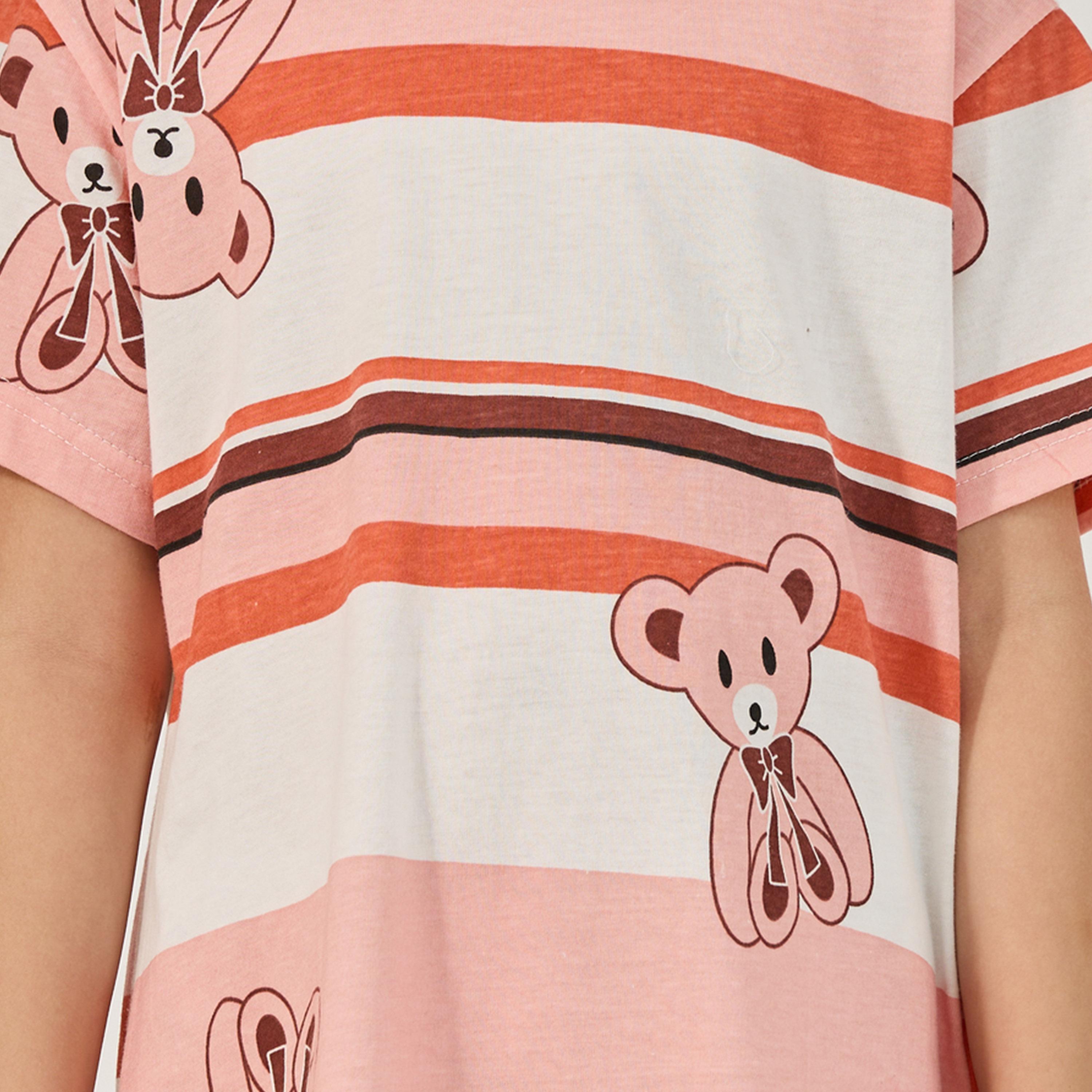 ستايلي-  فستان نوم تي شيرت رقبة دائرية وطبعة جرافيكية-girls-clothing-nightwear-image-3