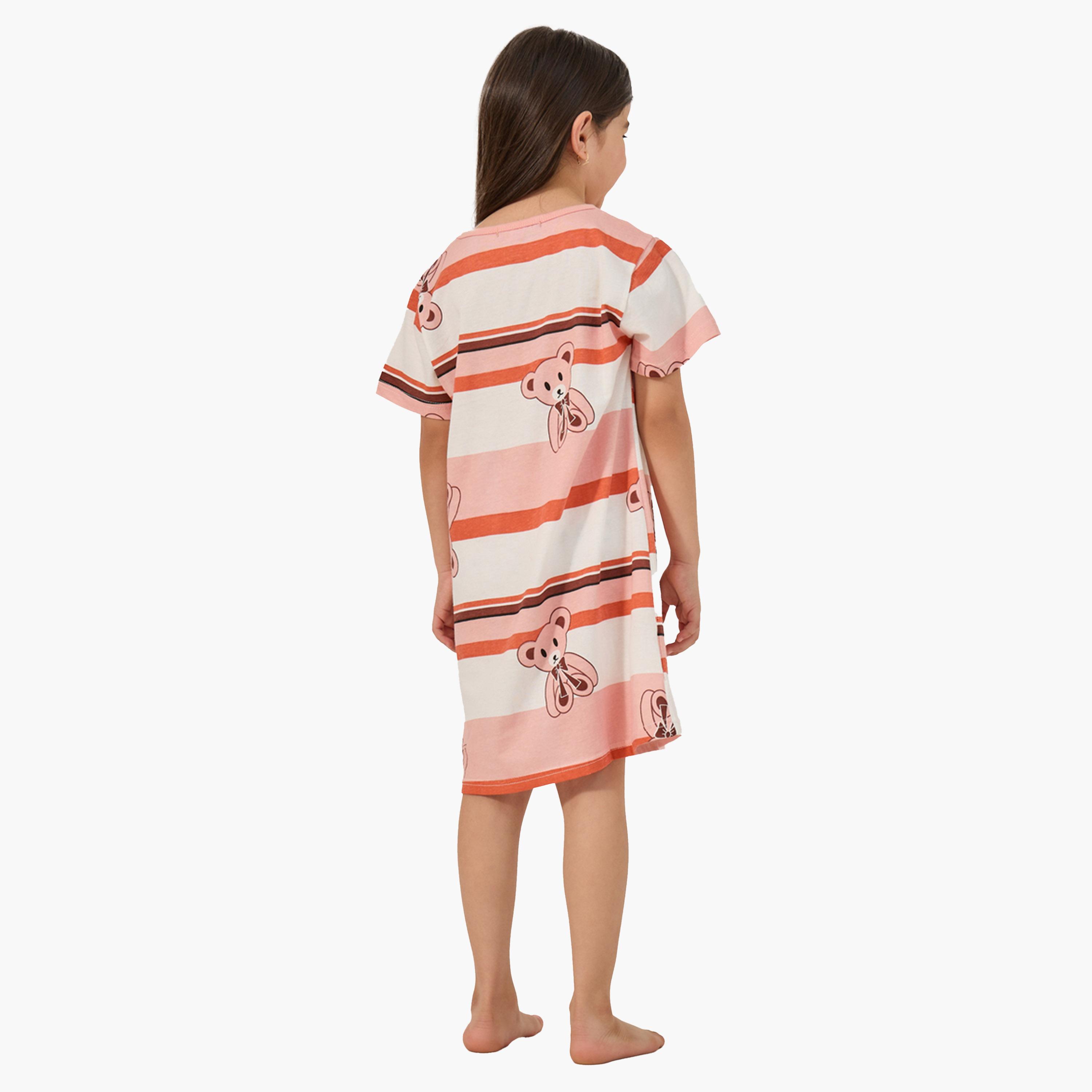 ستايلي-  فستان نوم تي شيرت رقبة دائرية وطبعة جرافيكية-girls-clothing-nightwear-image-4
