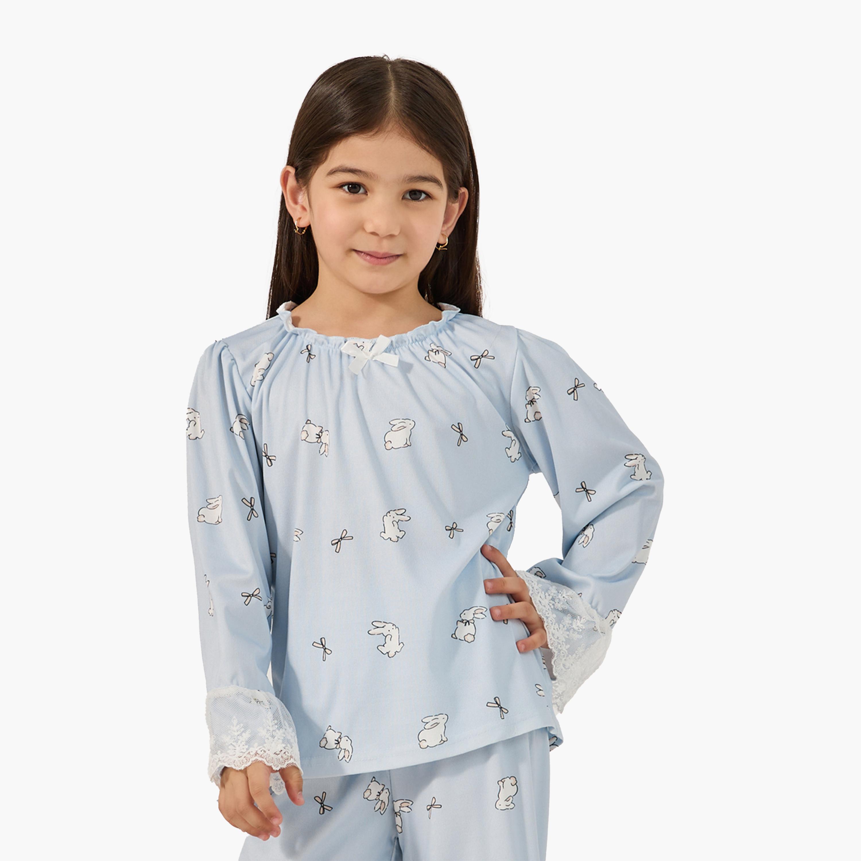 Styli All-Over Print Round Neck T-Shirt and Pyjama Set-girls-clothing-nightwear-image-2