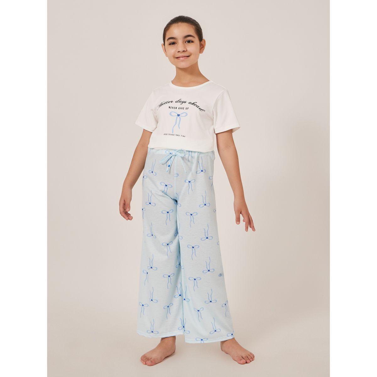 Styli Bow Print Short Sleeve T-Shirt and Pyjama Set-girls-clothing-nightwear-image-1