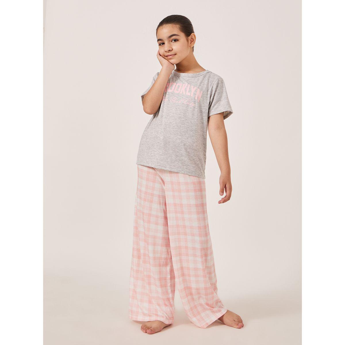 Styli Typography Print Short Sleeve T-Shirt and Checked Pyjama Set-girls-clothing-nightwear-image-2